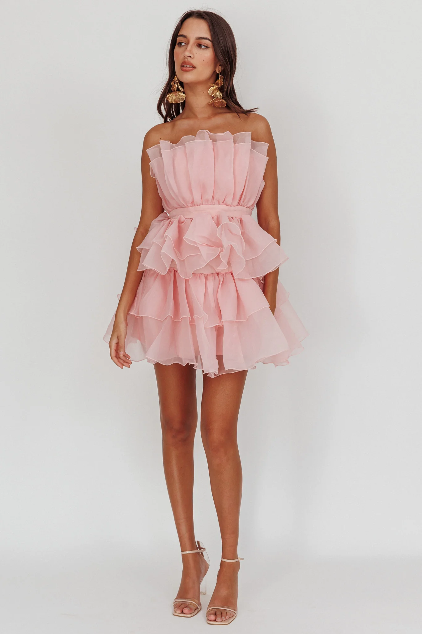 Bon Bon Tiered Chiffon Mini Dress Blush - Image 3