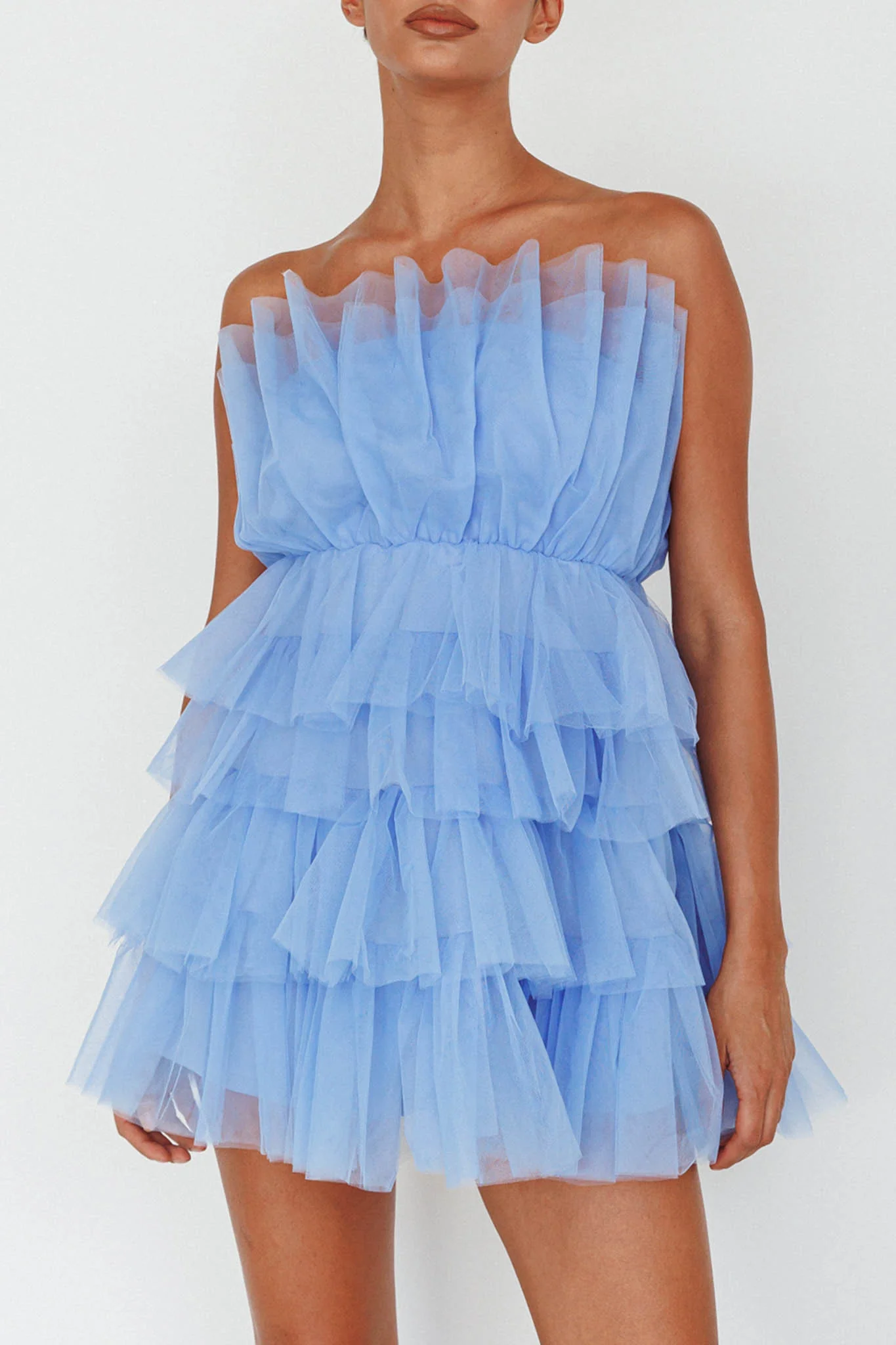 Bon Bon Tiered Mesh Mini Dress Steel Blue - Image 4