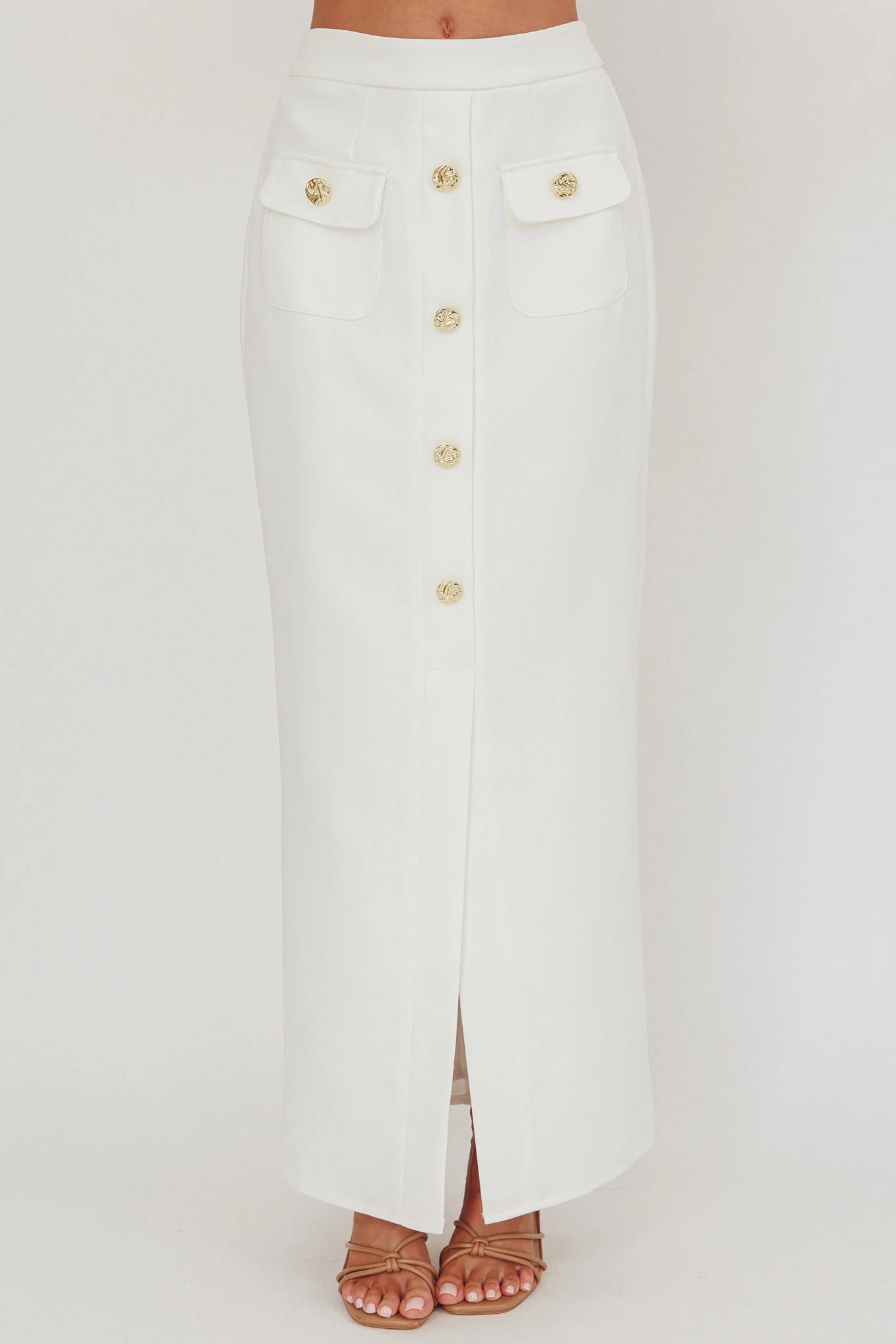 Bondi Sunset Faux Button Placket Maxi Skirt White - Image 4