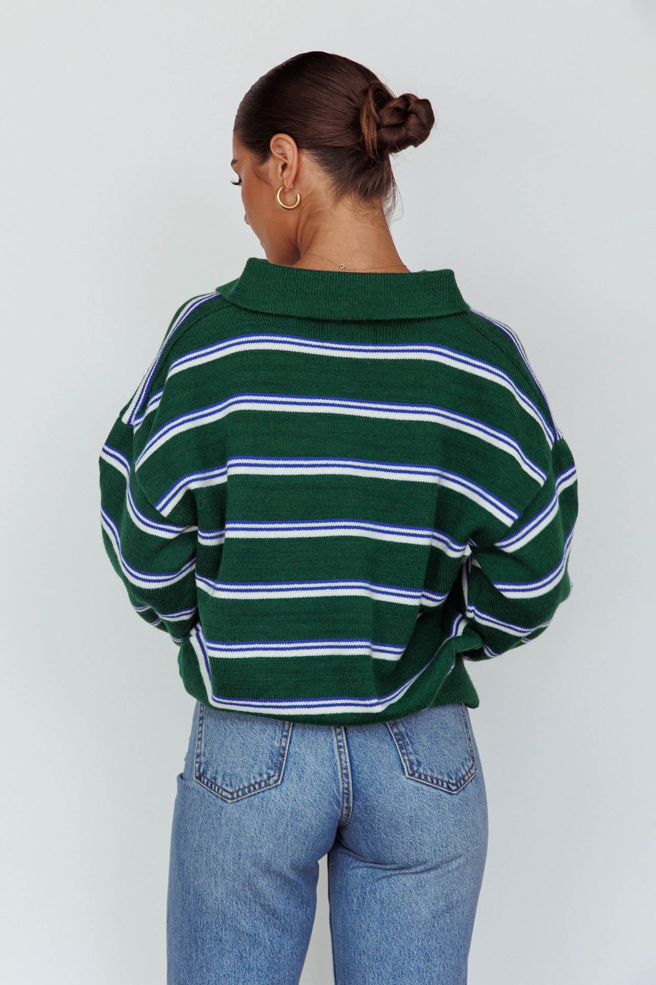 Boston Collared Knit Sweater Striped Forest Green - Image 2