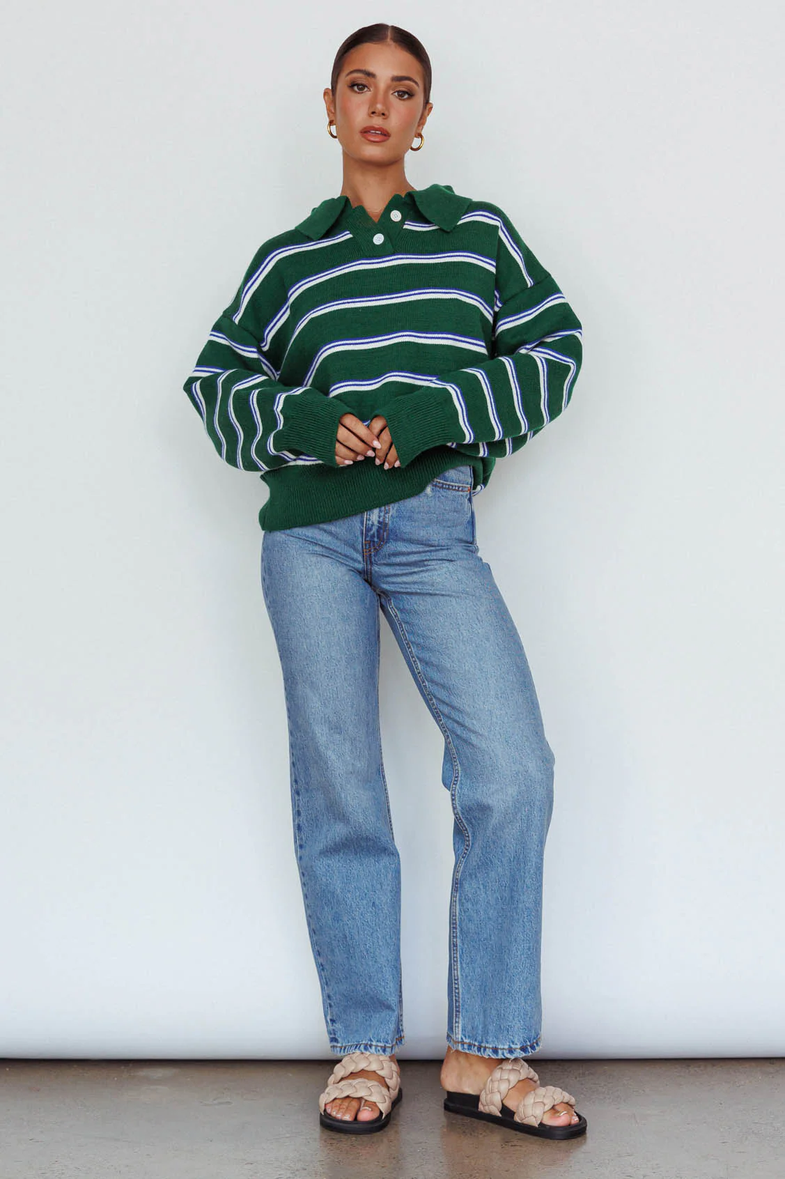 Boston Collared Knit Sweater Striped Forest Green - Image 3