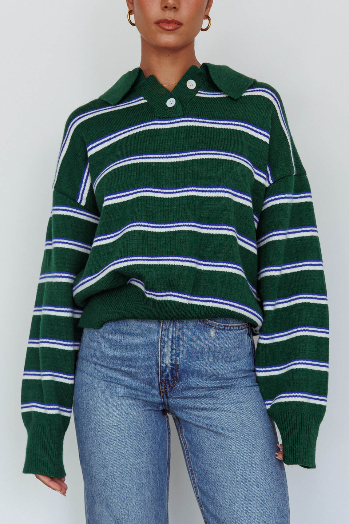Boston Collared Knit Sweater Striped Forest Green - Image 4