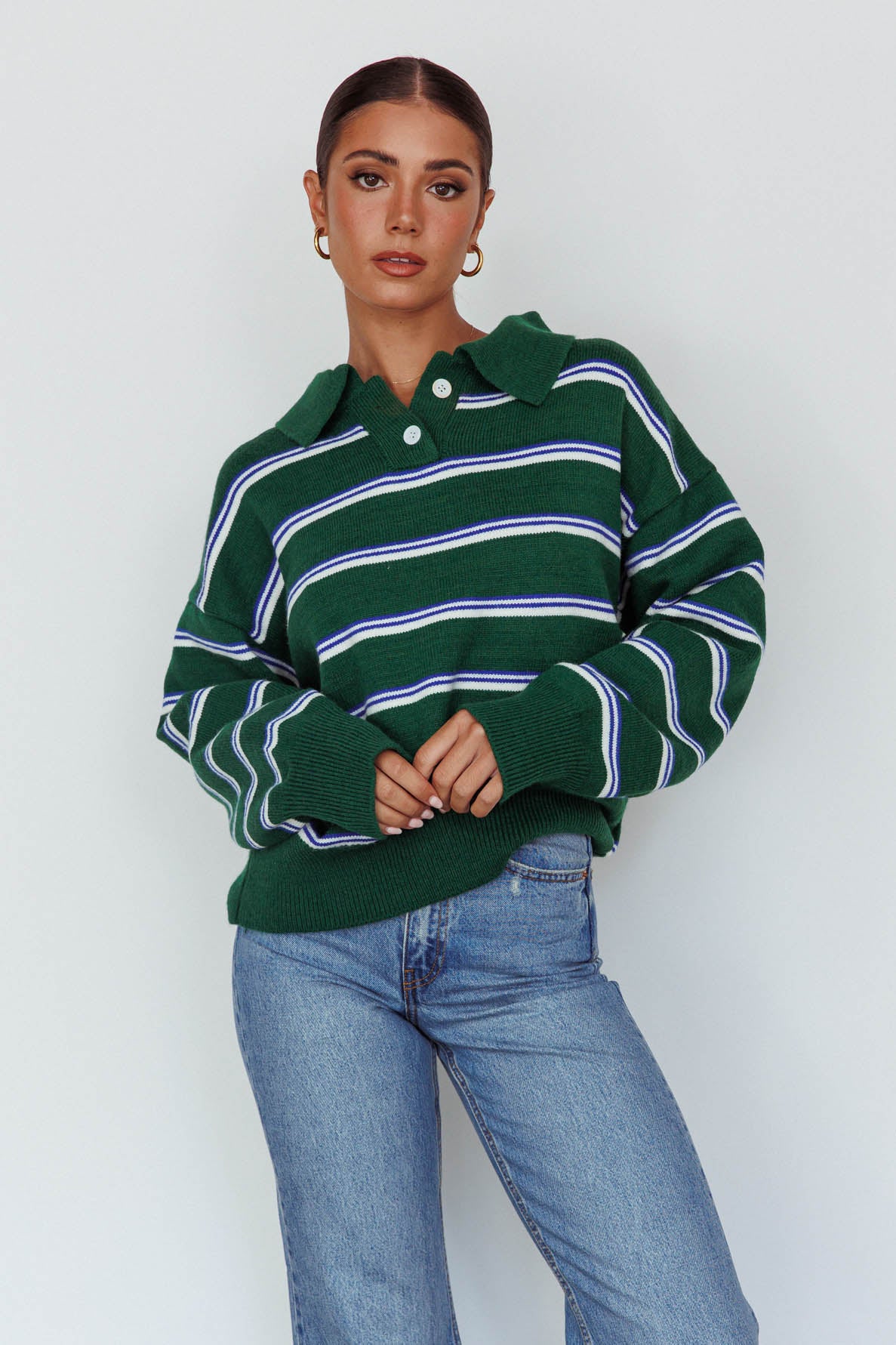 Boston Collared Knit Sweater Striped Forest Green - Image 5