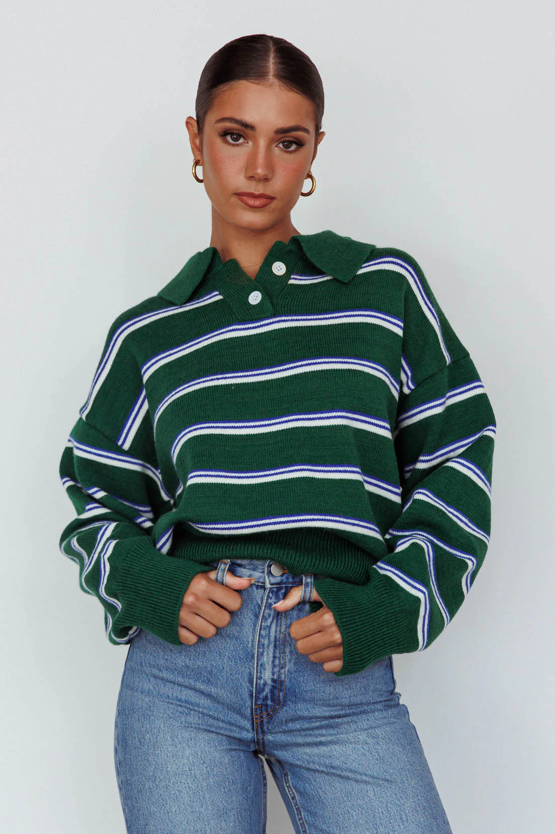 Boston Collared Knit Sweater Striped Forest Green - Image 6