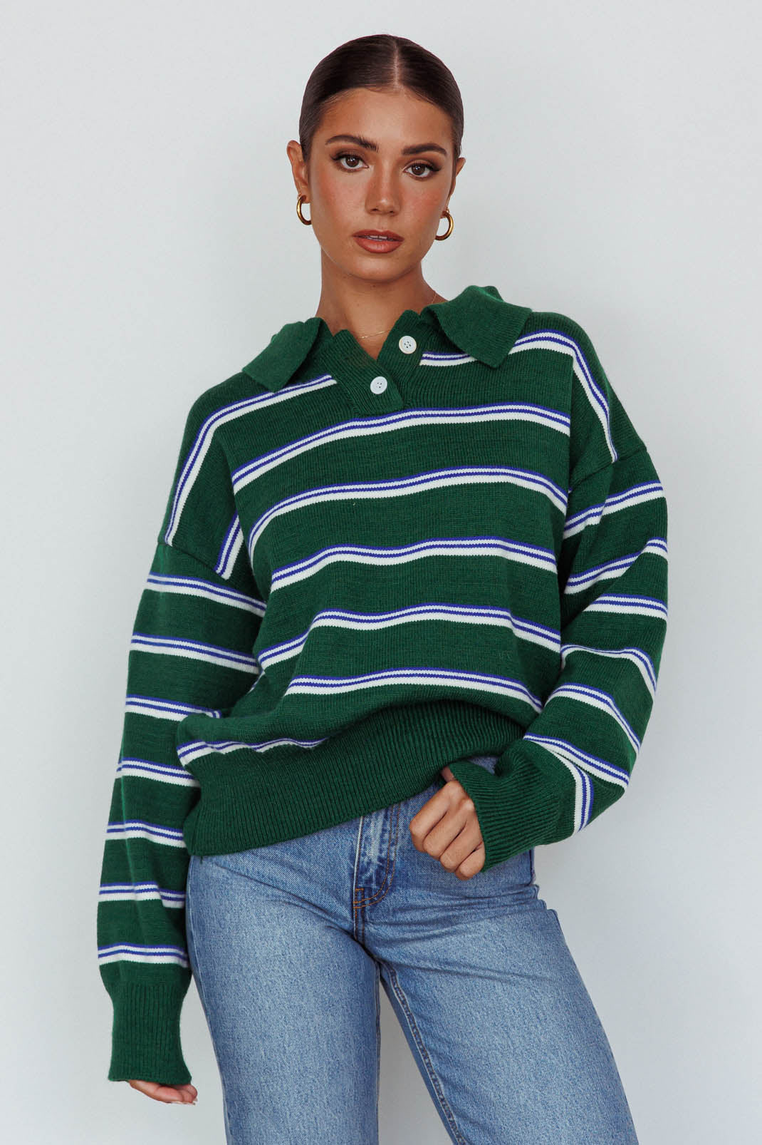 Boston Collared Knit Sweater Striped Forest Green - Image 7