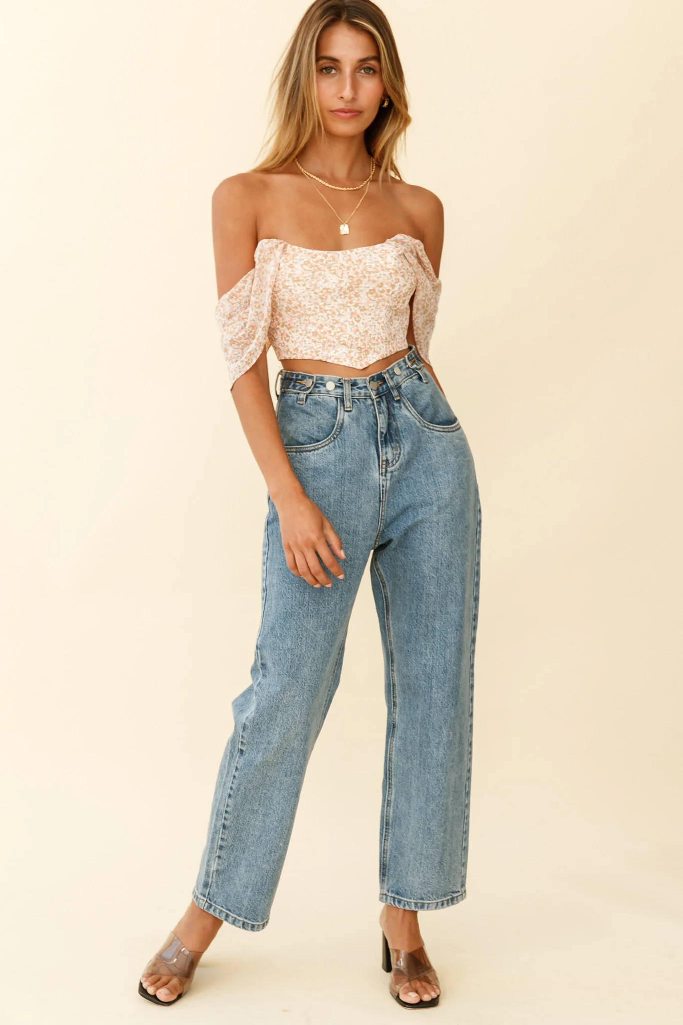 Brandy Off-Shoulder Pointed Hem Crop Top Mottled Print Nude - Image 3