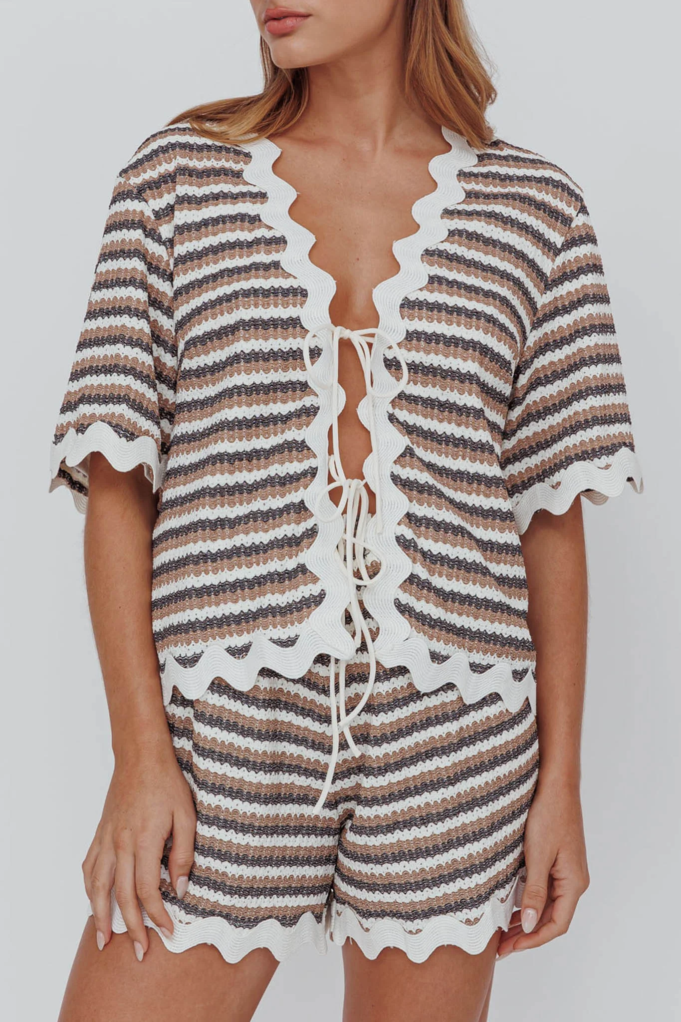 Breakaway Tie Front Shirt Stripe Mocha - Image 3