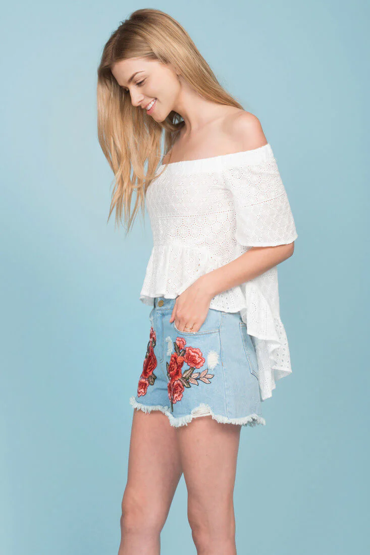 Brenna Fringe Floral Jean Shorts Blue Denim - Image 2