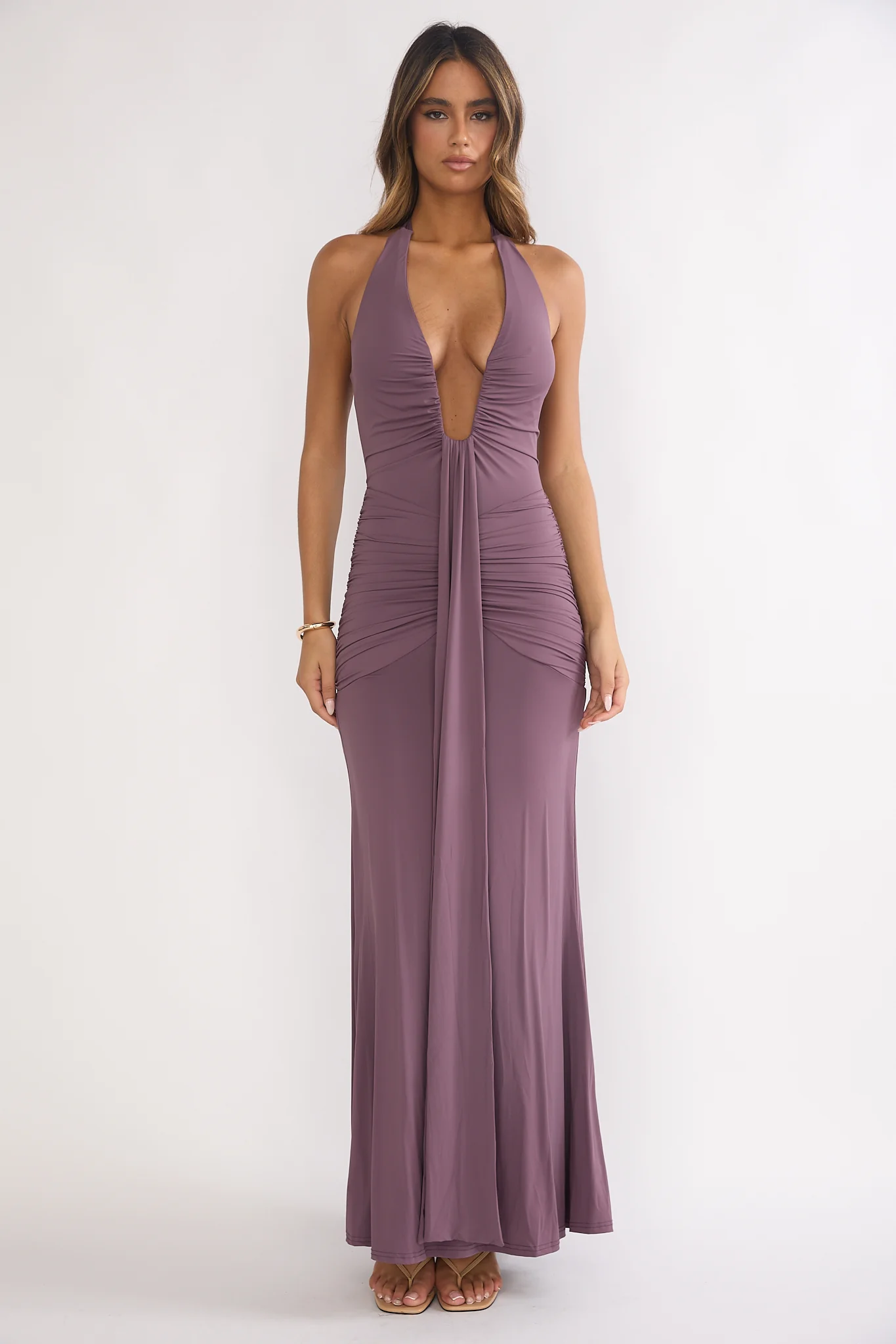 Brienna Halter Ruched Maxi Dress Mauve - Image 6
