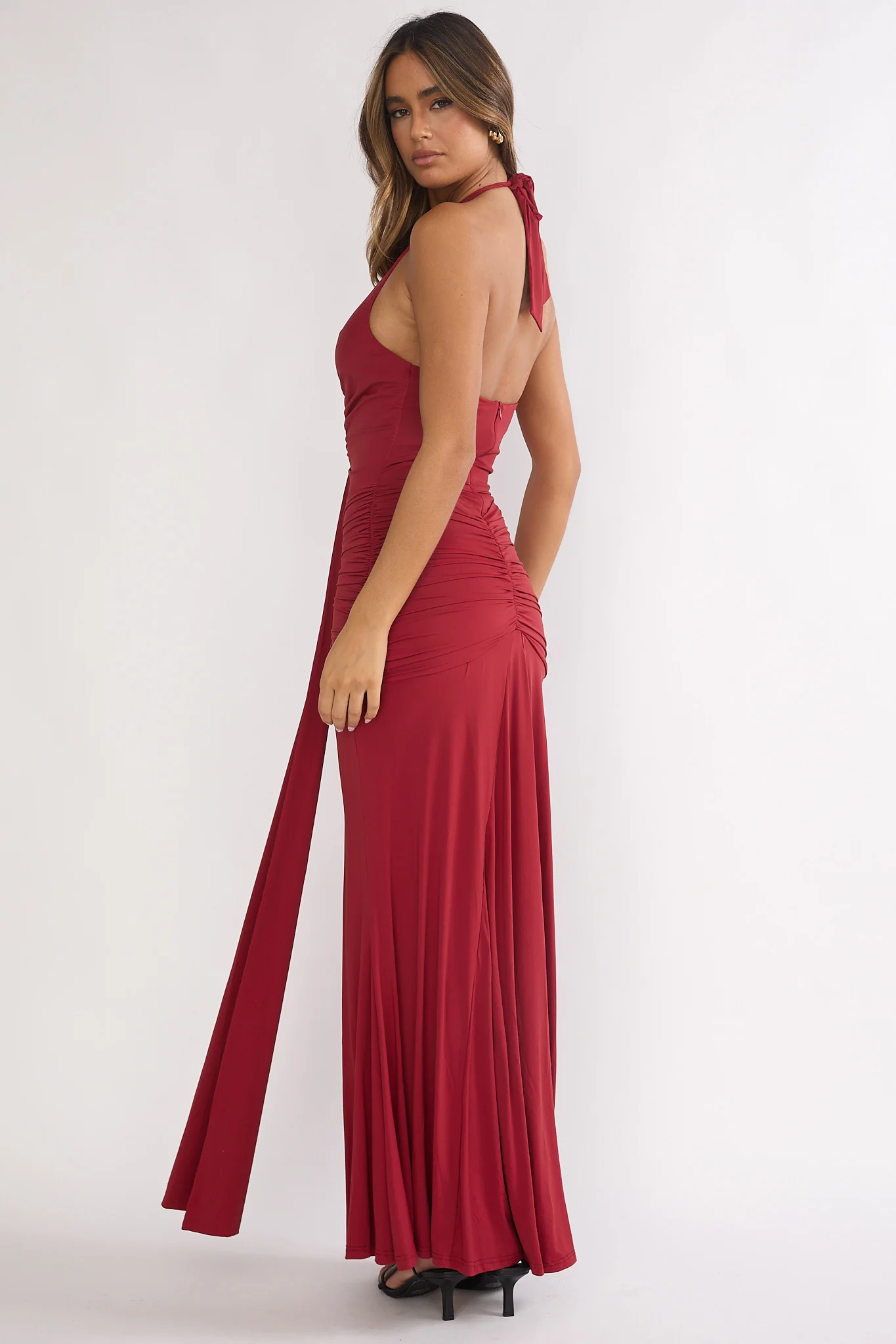 Brienna Halter Ruched Maxi Dress Wine - Image 3