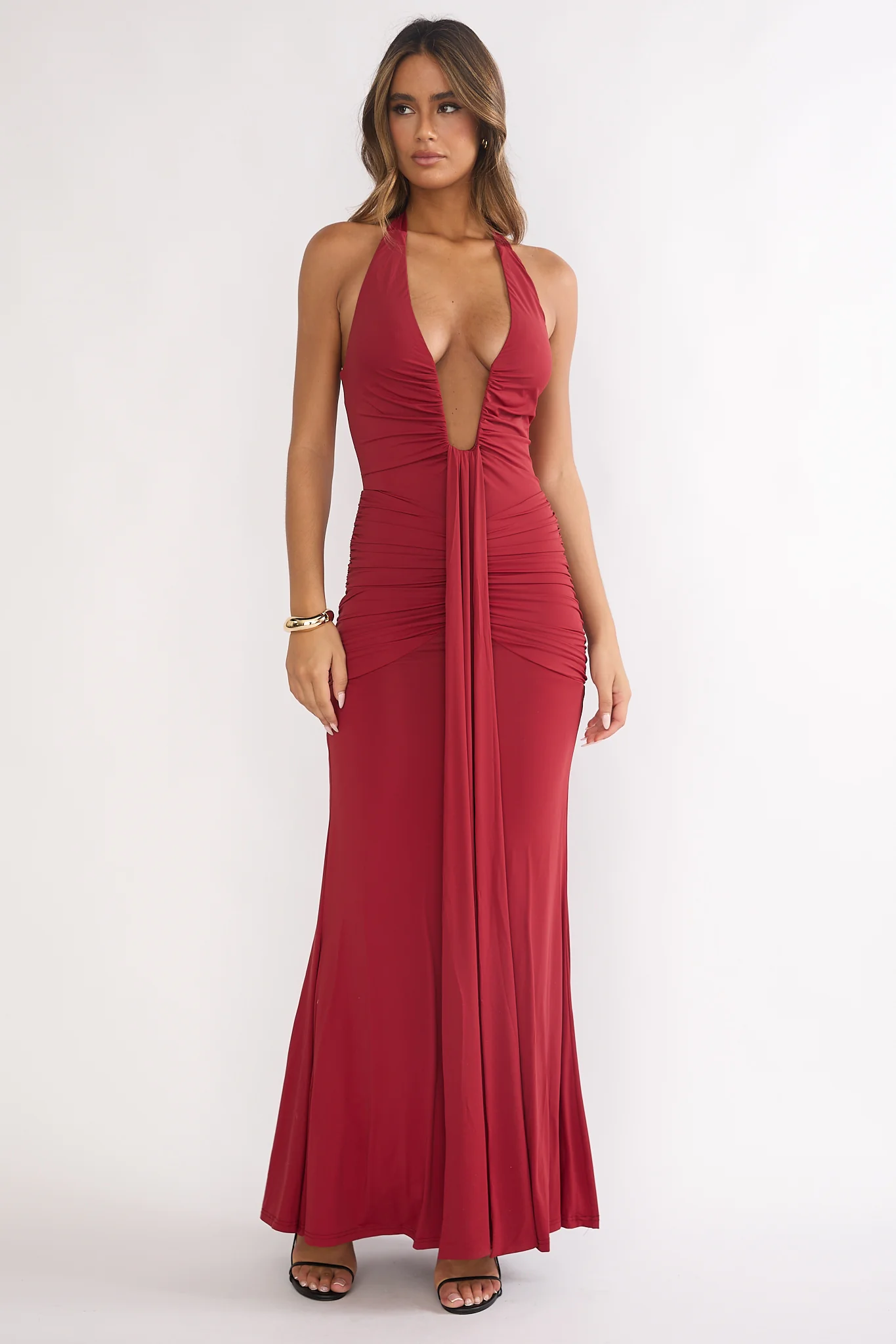 Brienna Halter Ruched Maxi Dress Wine - Image 6