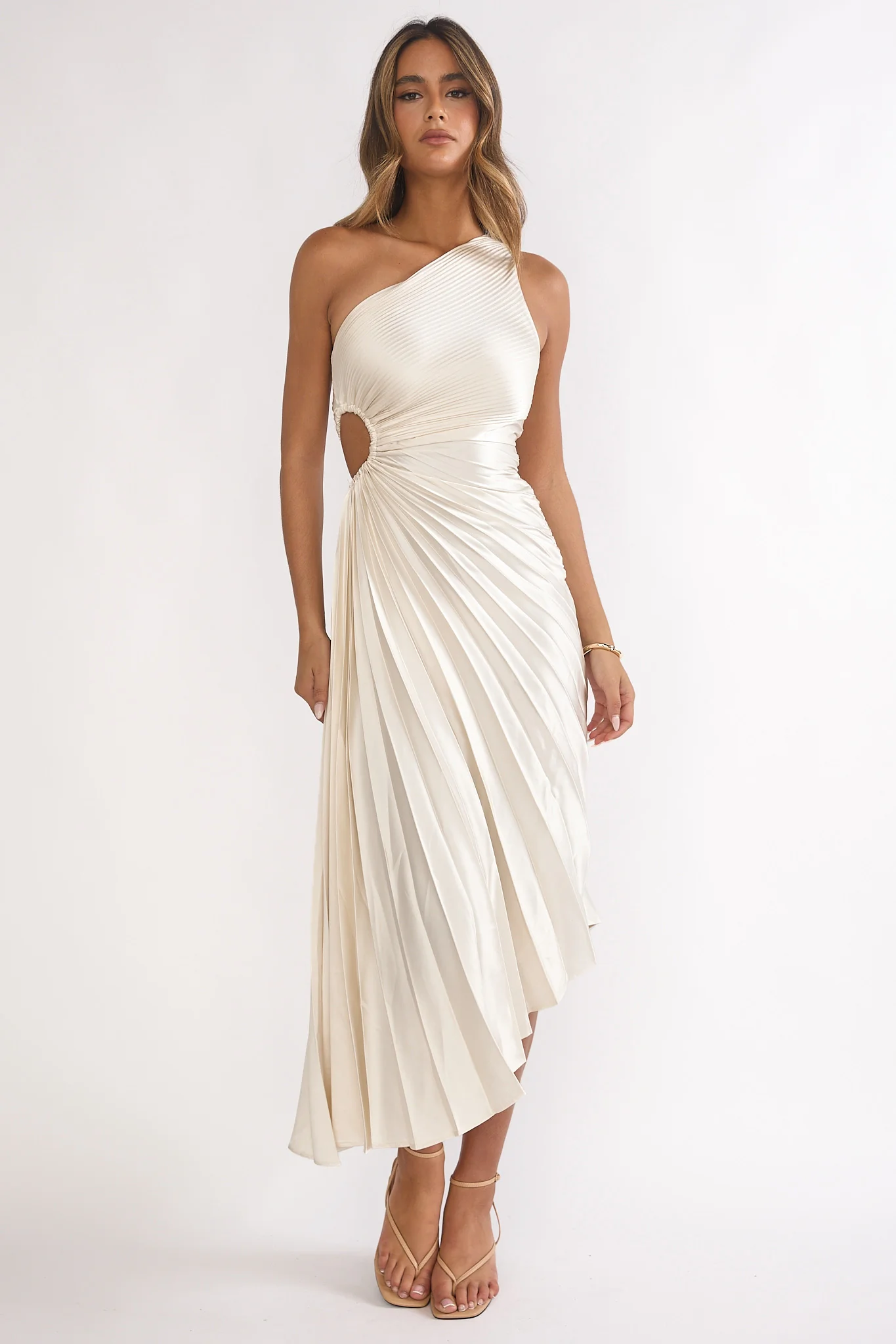 Brooklynn One-Shoulder Accordion Pleat Dress Champagne - Image 6