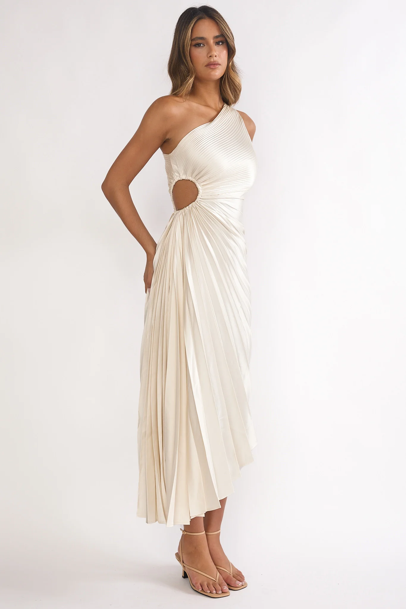 Brooklynn One-Shoulder Accordion Pleat Dress Champagne - Image 7