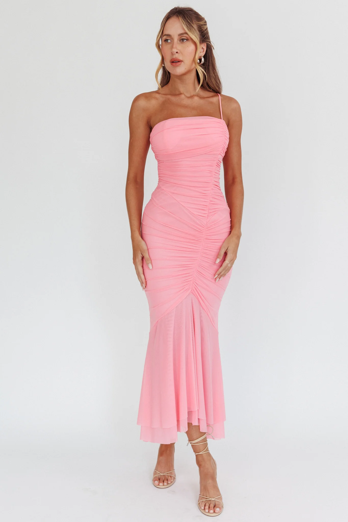 By Chance One Strap Ruched Maxi Dress Pink - Image 5