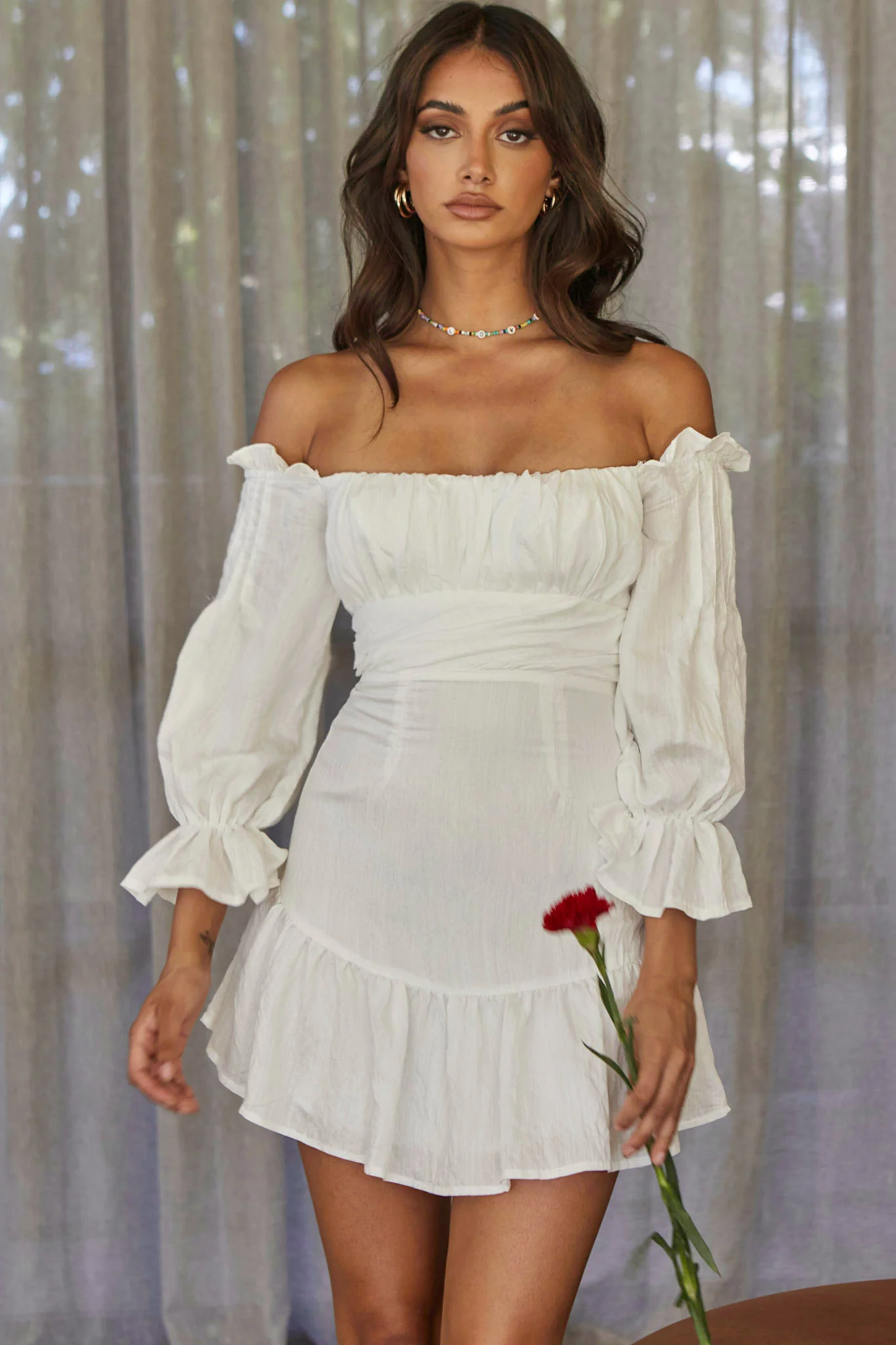 By My Side Off-Shoulder Balloon Sleeve Dress White - Image 2