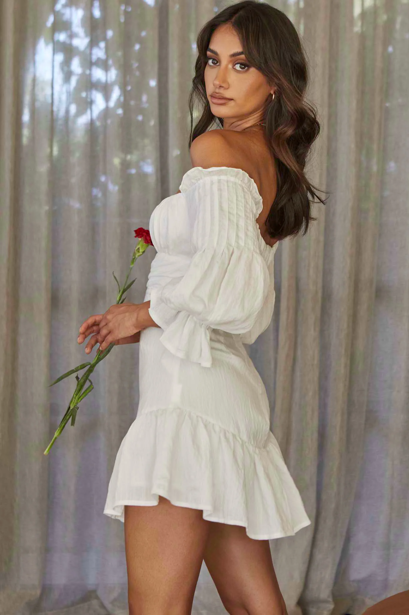 By My Side Off-Shoulder Balloon Sleeve Dress White - Image 3