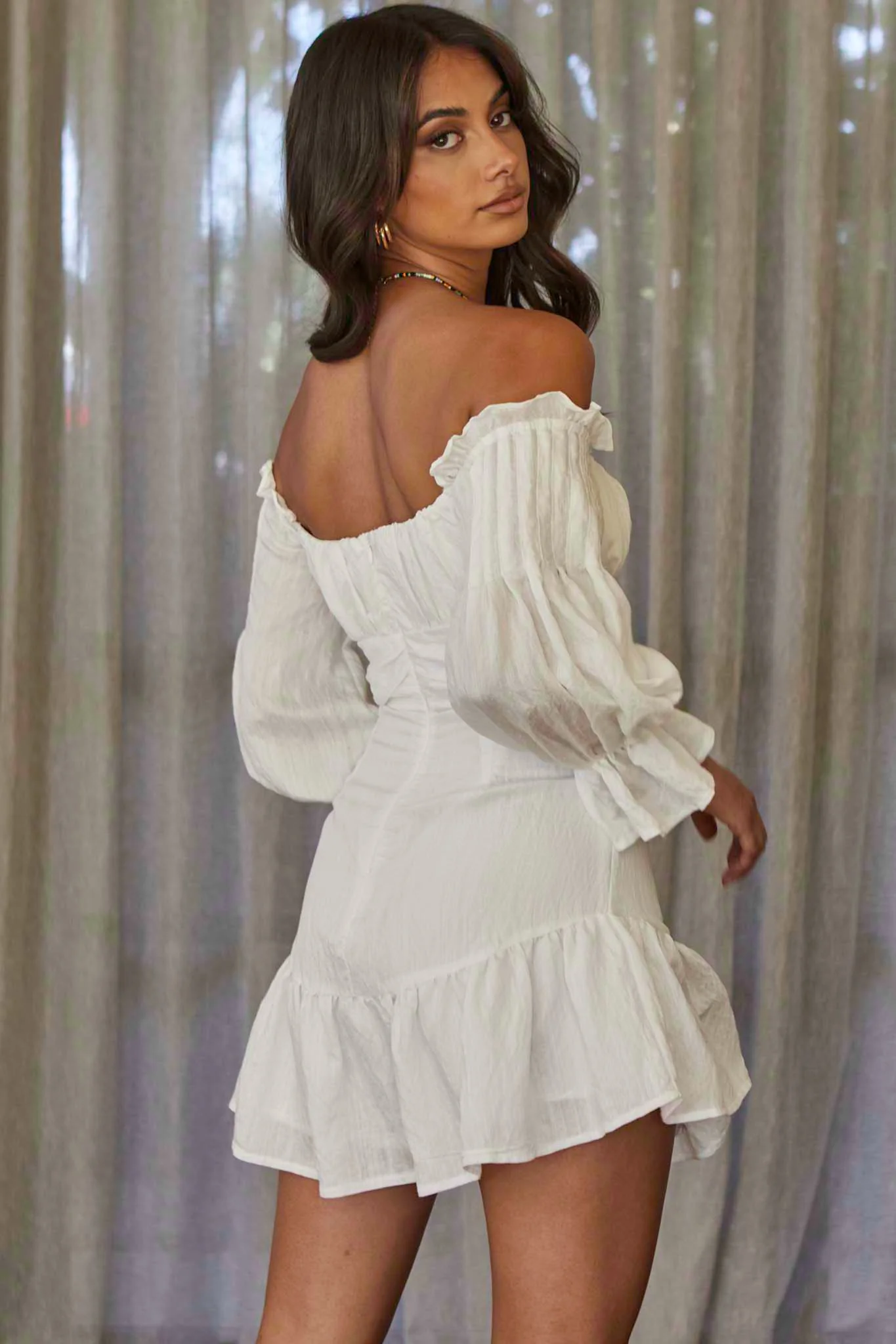 By My Side Off-Shoulder Balloon Sleeve Dress White - Image 5