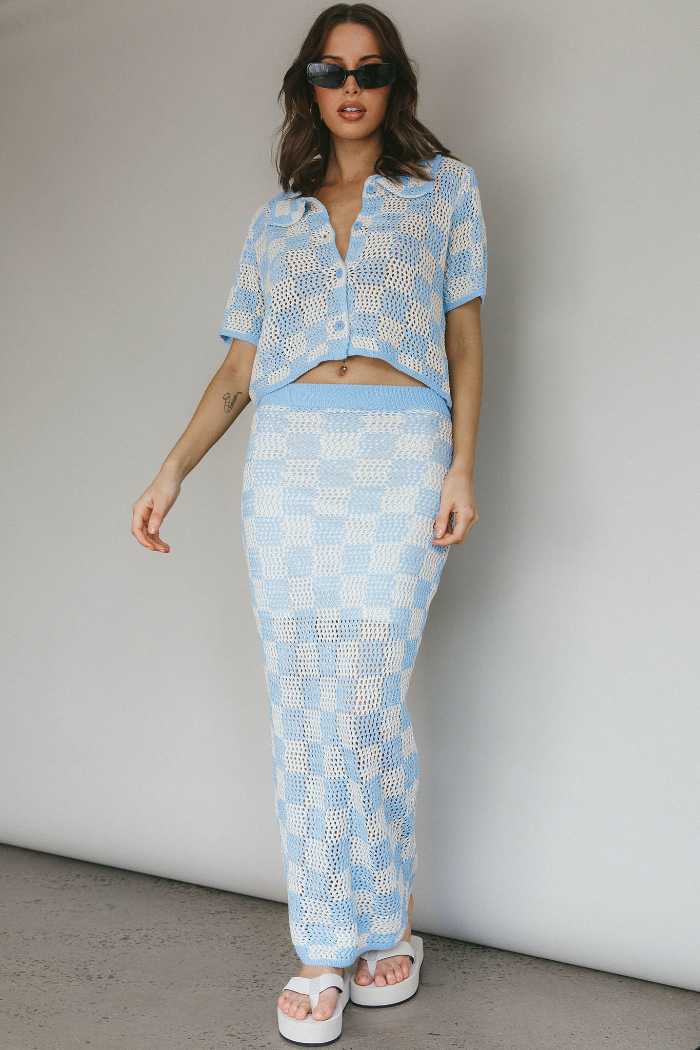 Byron Bay Crochet Buttoned Top Blue - Image 3