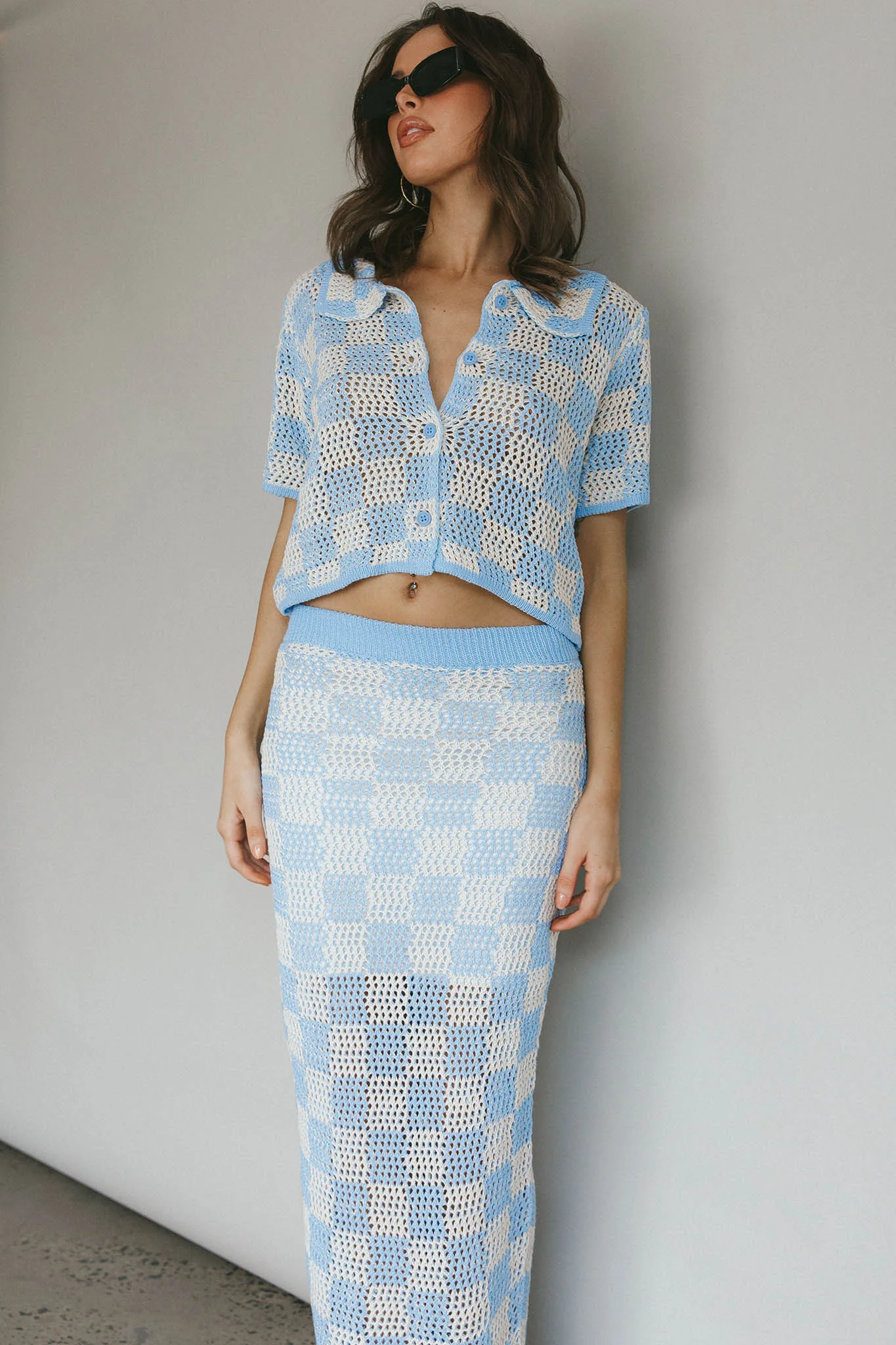 Byron Bay Crochet Buttoned Top Blue - Image 7