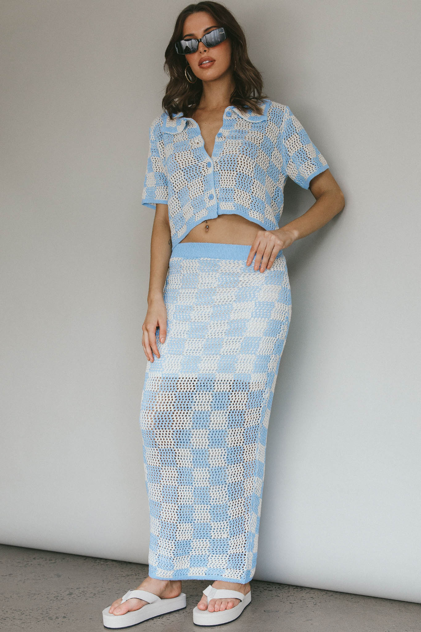 Byron Bay Crochet Buttoned Top Blue - Image 8