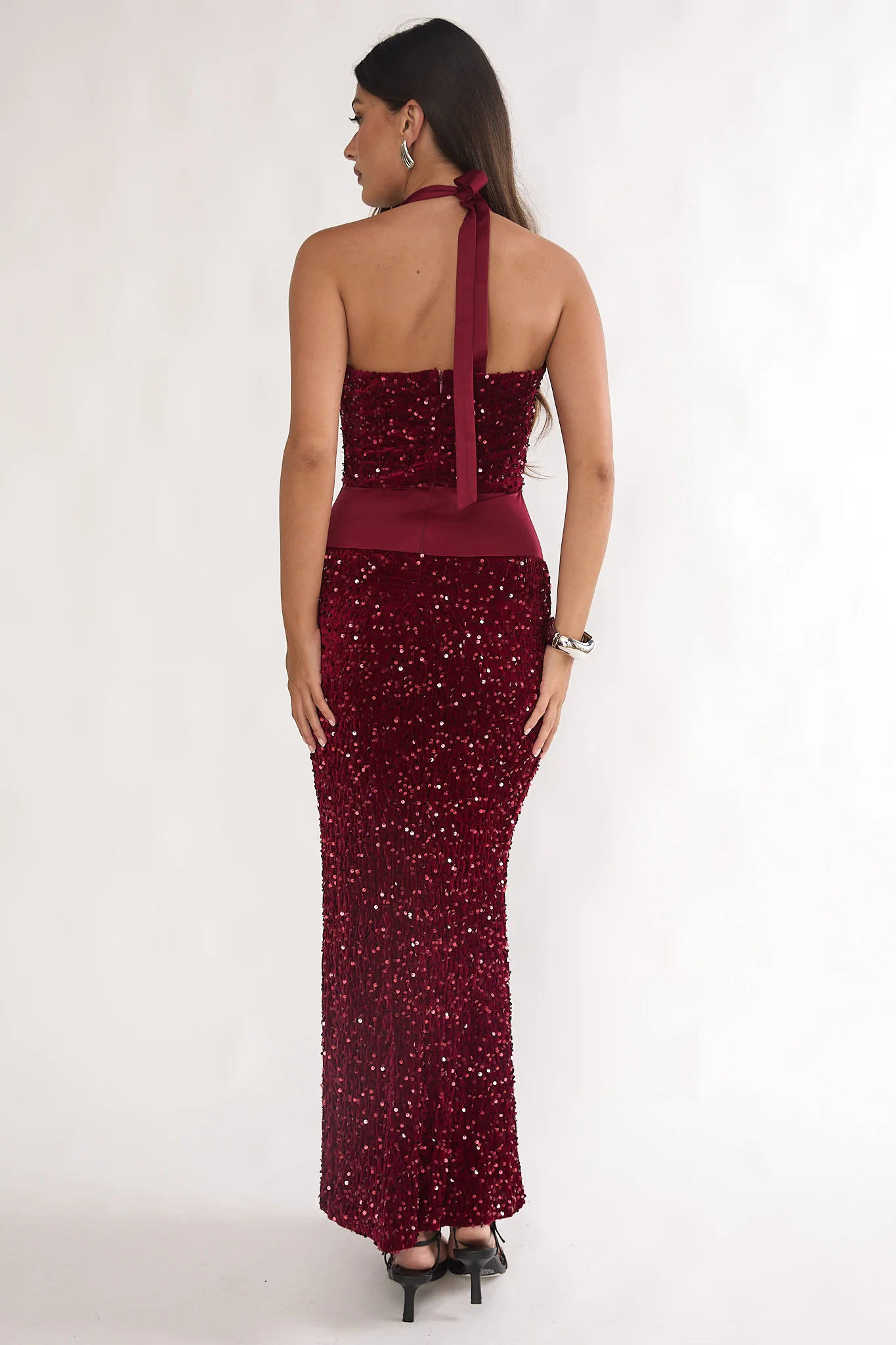 Cabernet Halter Maxi Dress Sequin Wine - Image 2