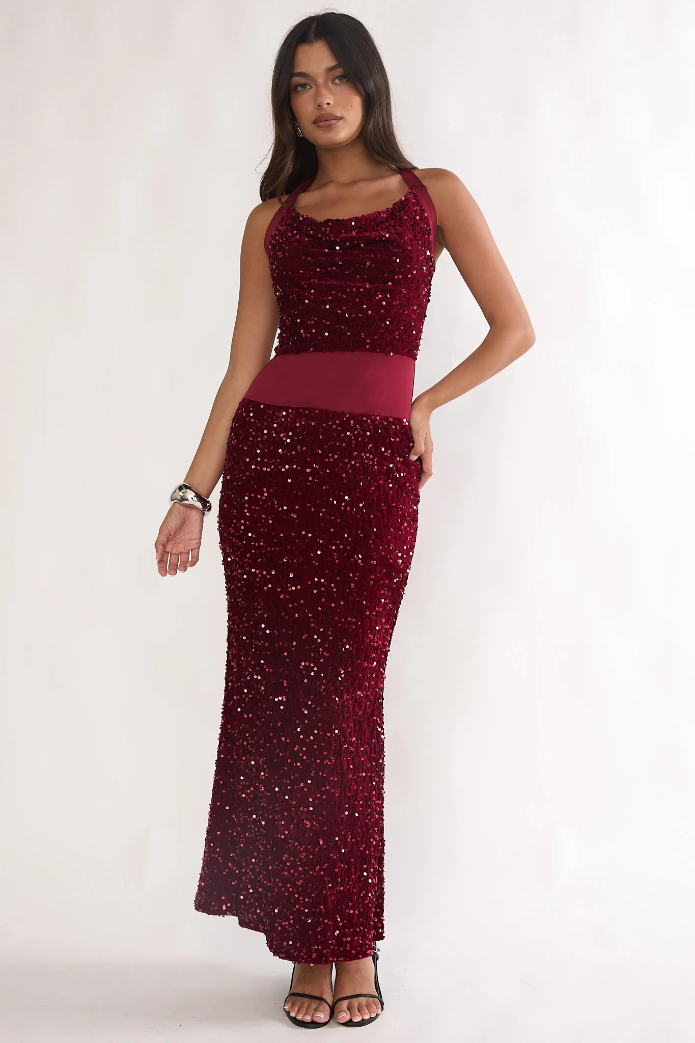Cabernet Halter Maxi Dress Sequin Wine - Image 4