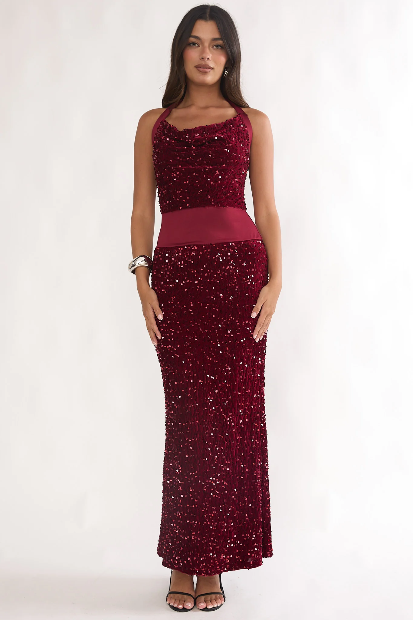 Cabernet Halter Maxi Dress Sequin Wine - Image 5