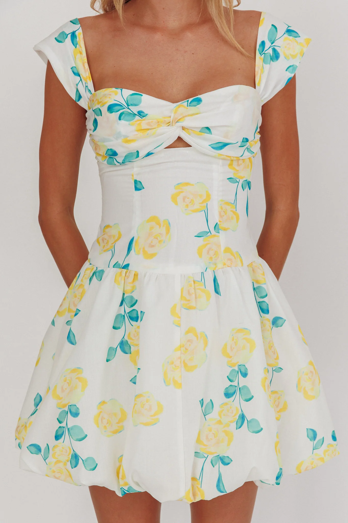 Cadi Twist Bust Balloon Mini Dress Floral Yellow - Image 4
