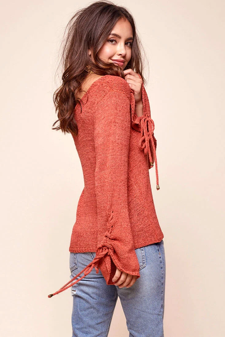 Cairo Knitted Long Tie Sleeved Top Rust - Image 4