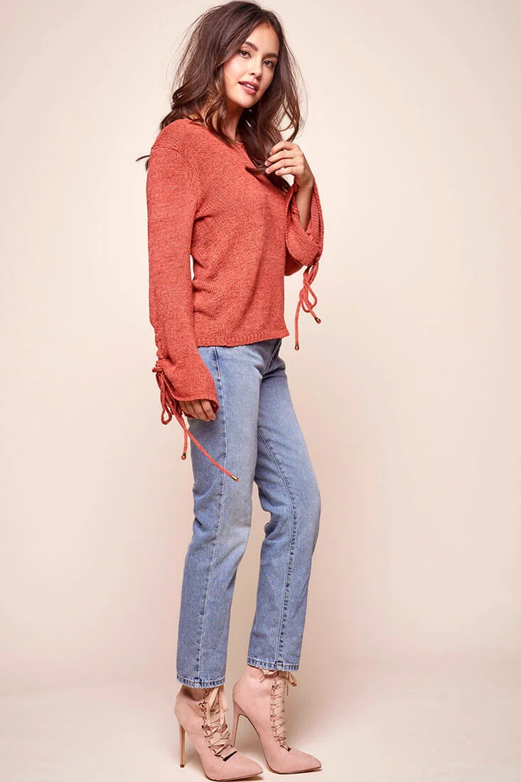Cairo Knitted Long Tie Sleeved Top Rust - Image 5