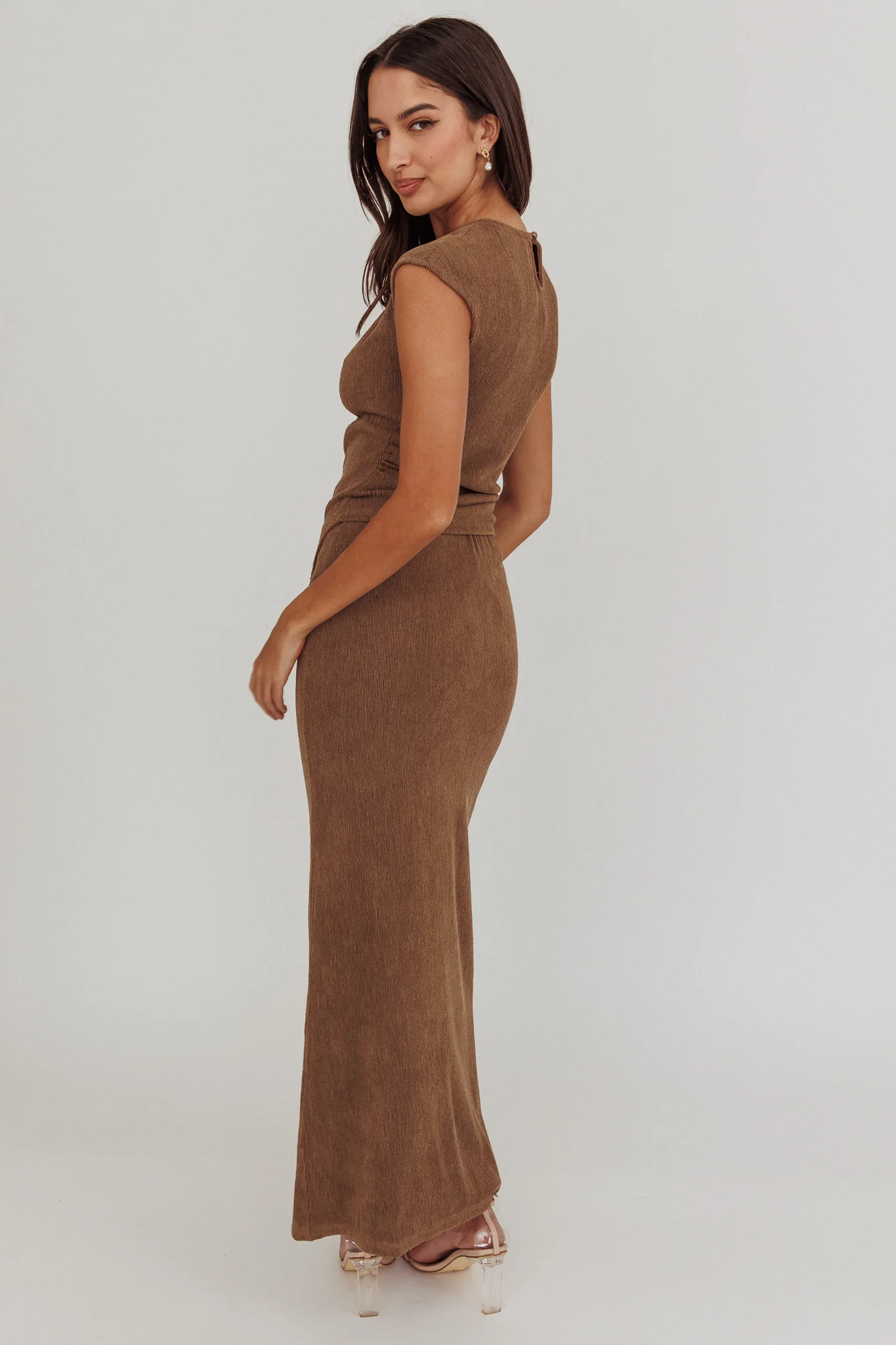 Calculated Ribbed Knit Maxi Skirt Brown - Image 3