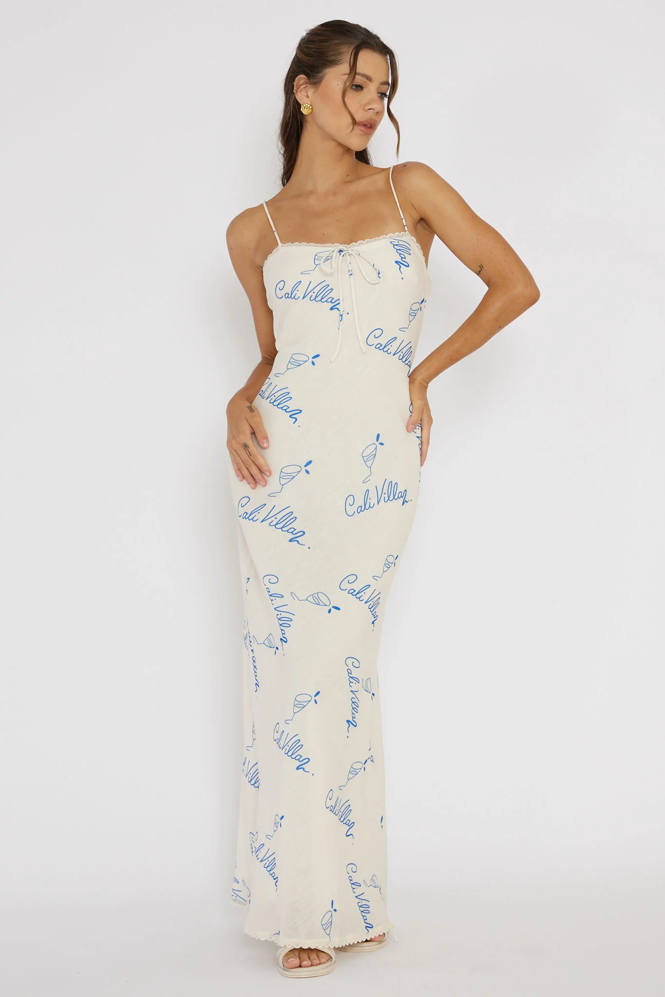 Cali Sunset Lace Trim Maxi Dress Print Blue - Image 3