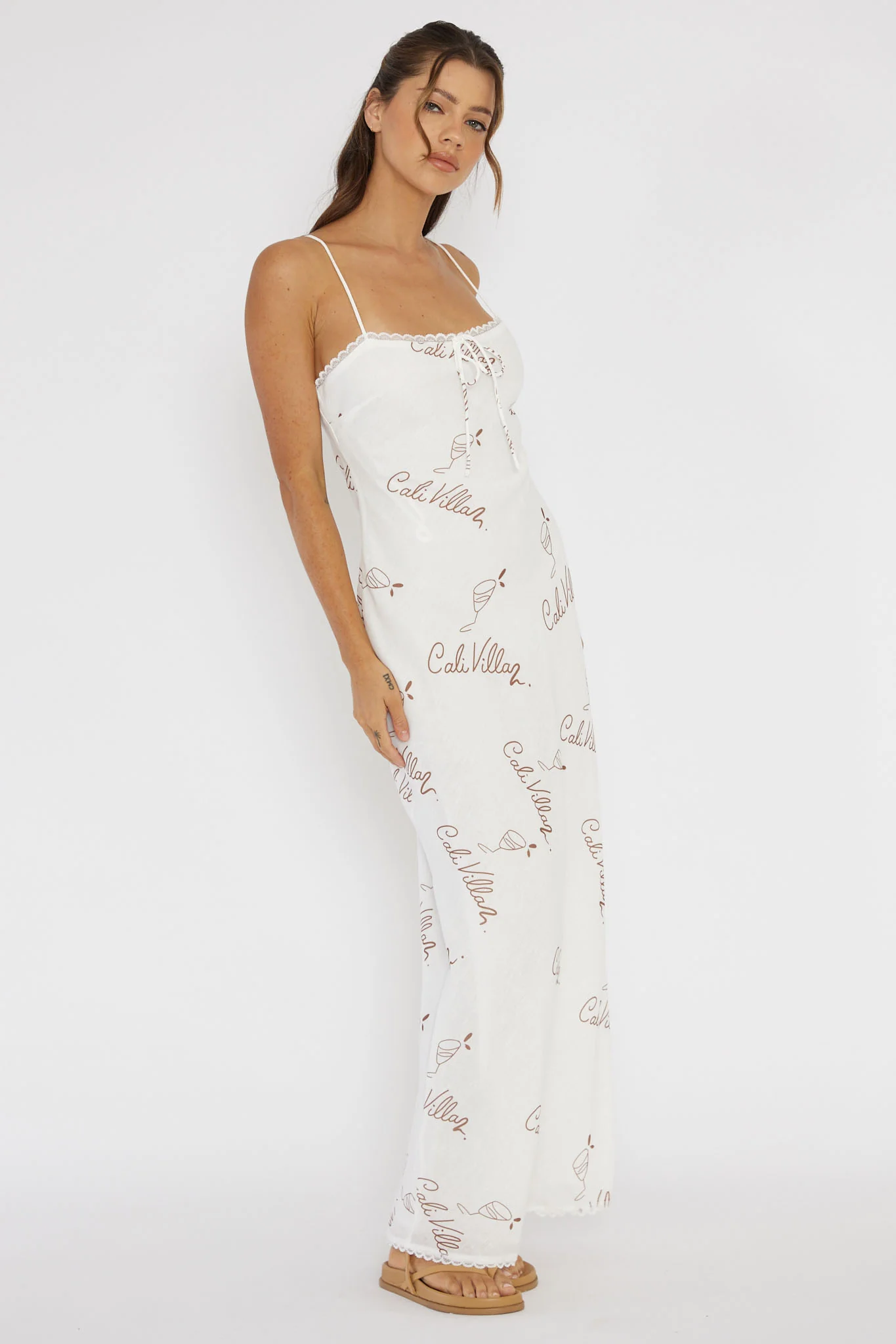 Cali Sunset Lace Trim Maxi Dress Print Tan - Image 3