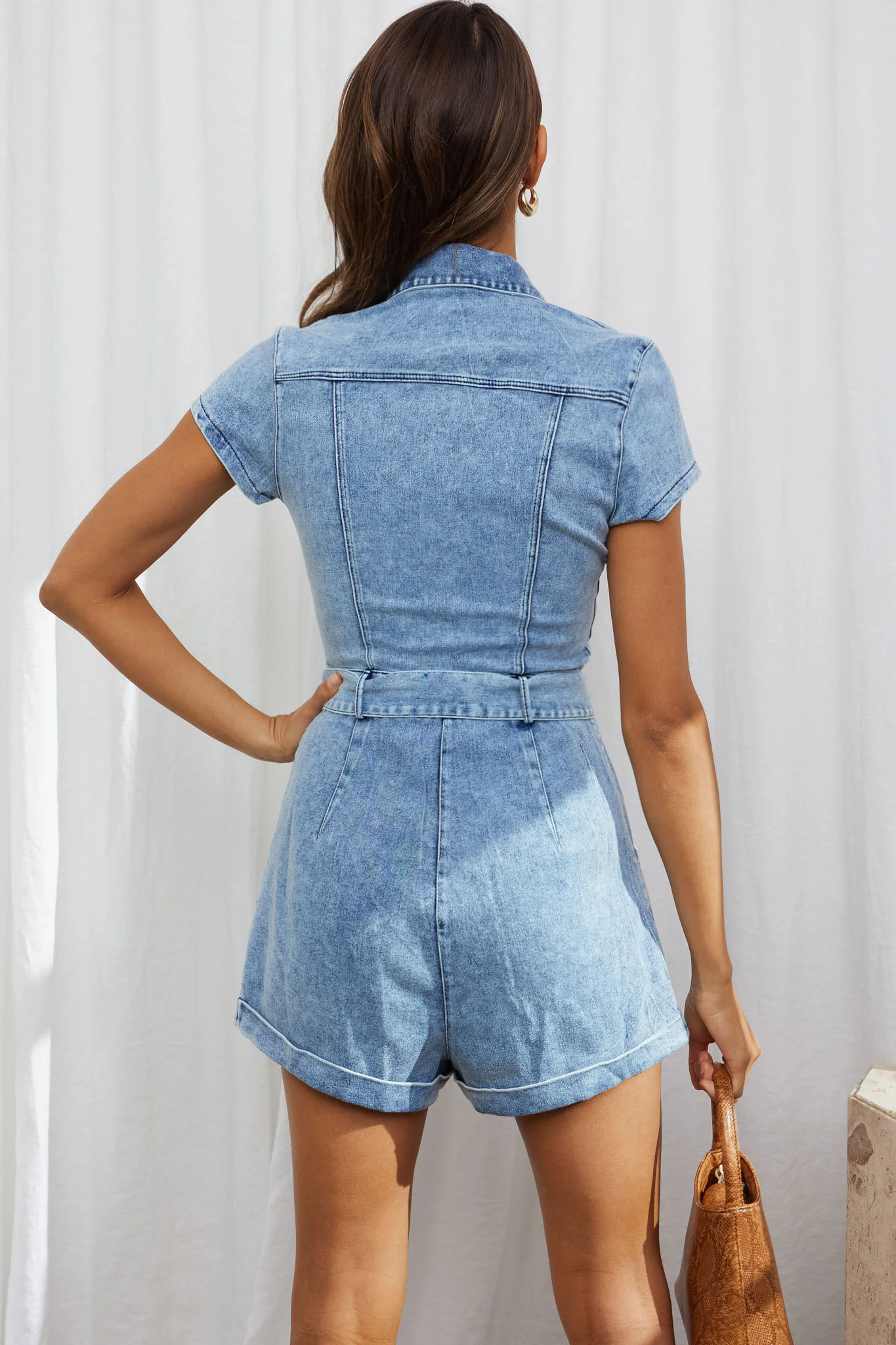 California Girl Short Sleeve Waist Tie Romper Denim Blue - Image 2