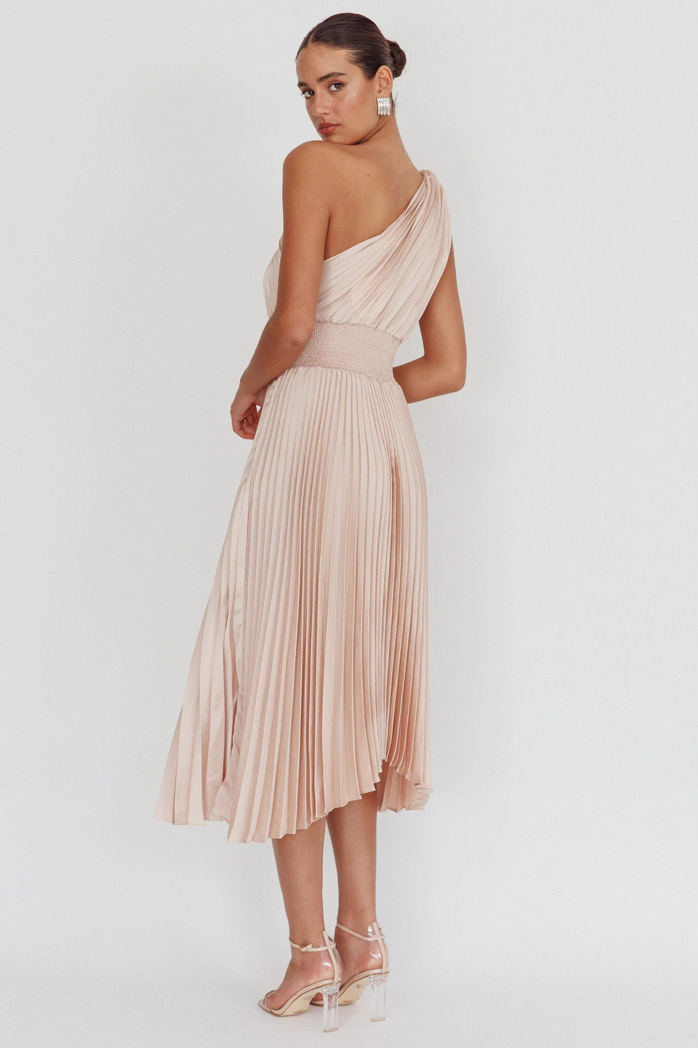 Calissa One Shoulder Pleated Midi Dress Champagne - Image 2