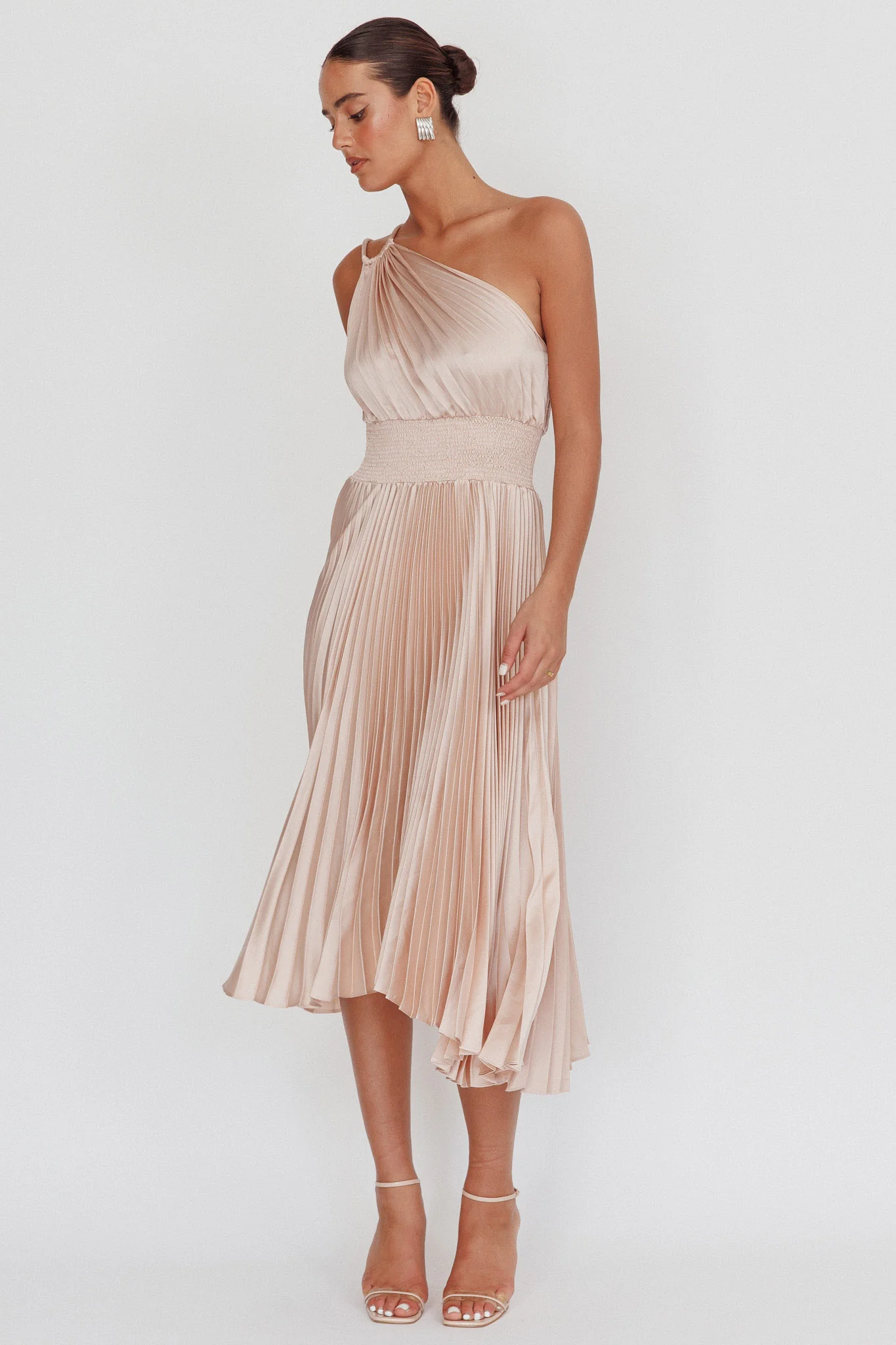 Calissa One Shoulder Pleated Midi Dress Champagne - Image 3