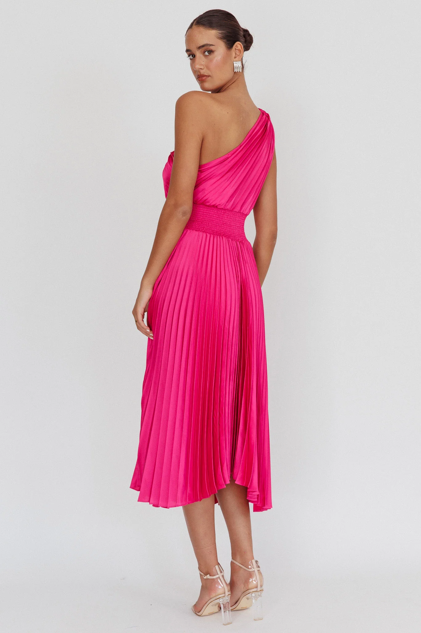 Calissa One Shoulder Pleated Midi Dress Magenta - Image 2