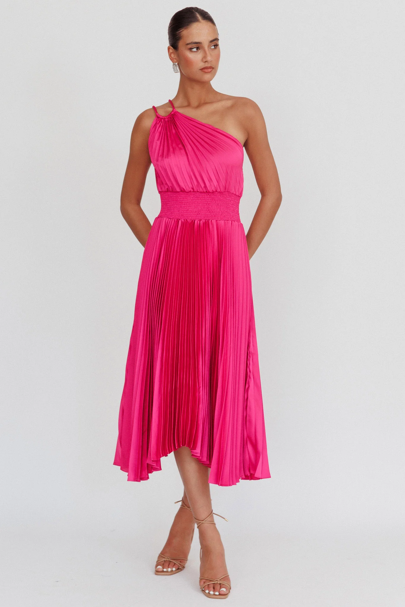 Calissa One Shoulder Pleated Midi Dress Magenta - Image 3