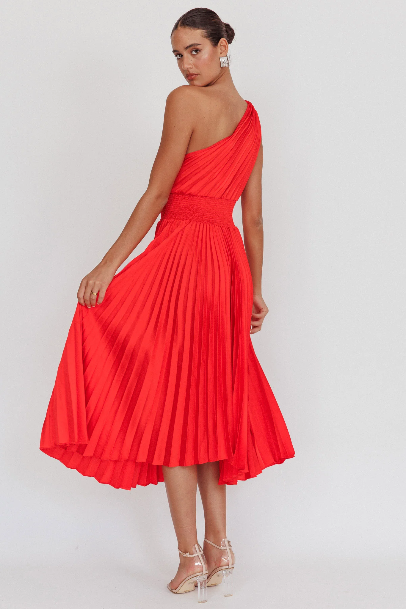 Calissa One Shoulder Pleated Midi Dress Red - Image 2