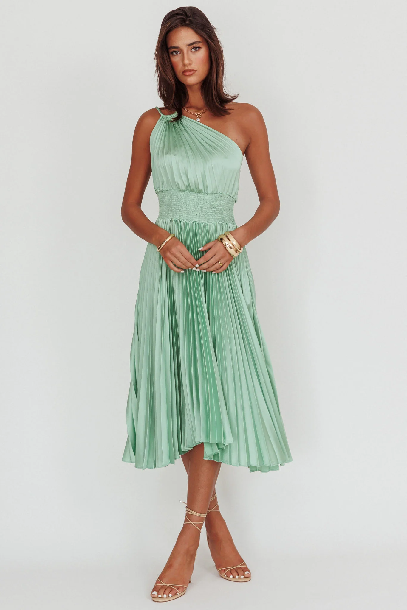 Calissa One Shoulder Pleated Midi Dress Sage - Image 5