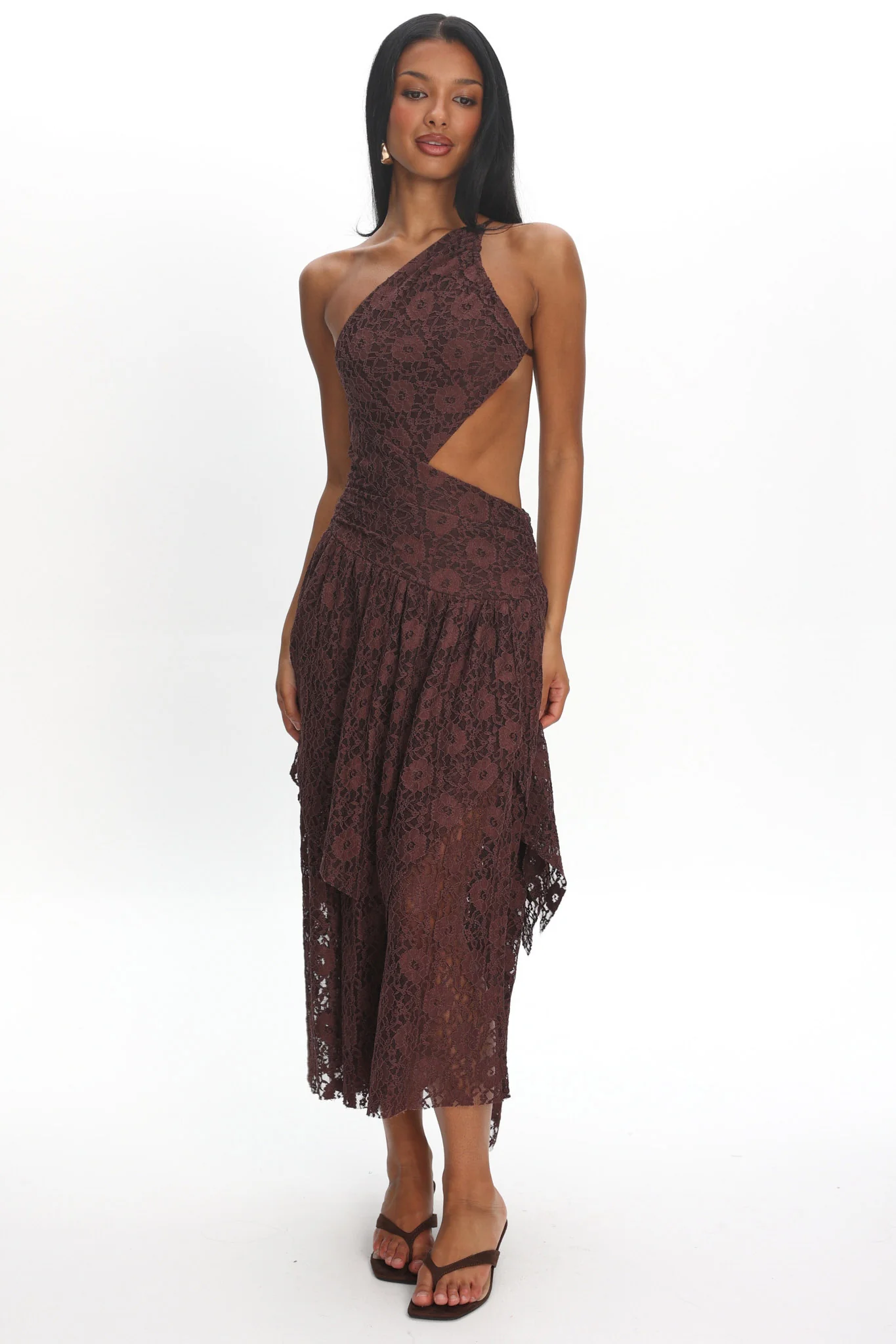 Call Back Cut-Out Waist Midi Dress Lace Chocolate - Image 2