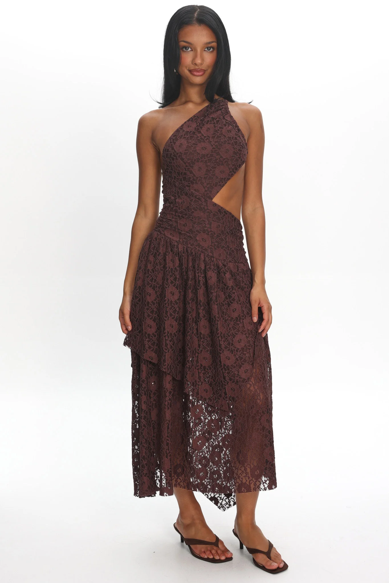 Call Back Cut-Out Waist Midi Dress Lace Chocolate - Image 5
