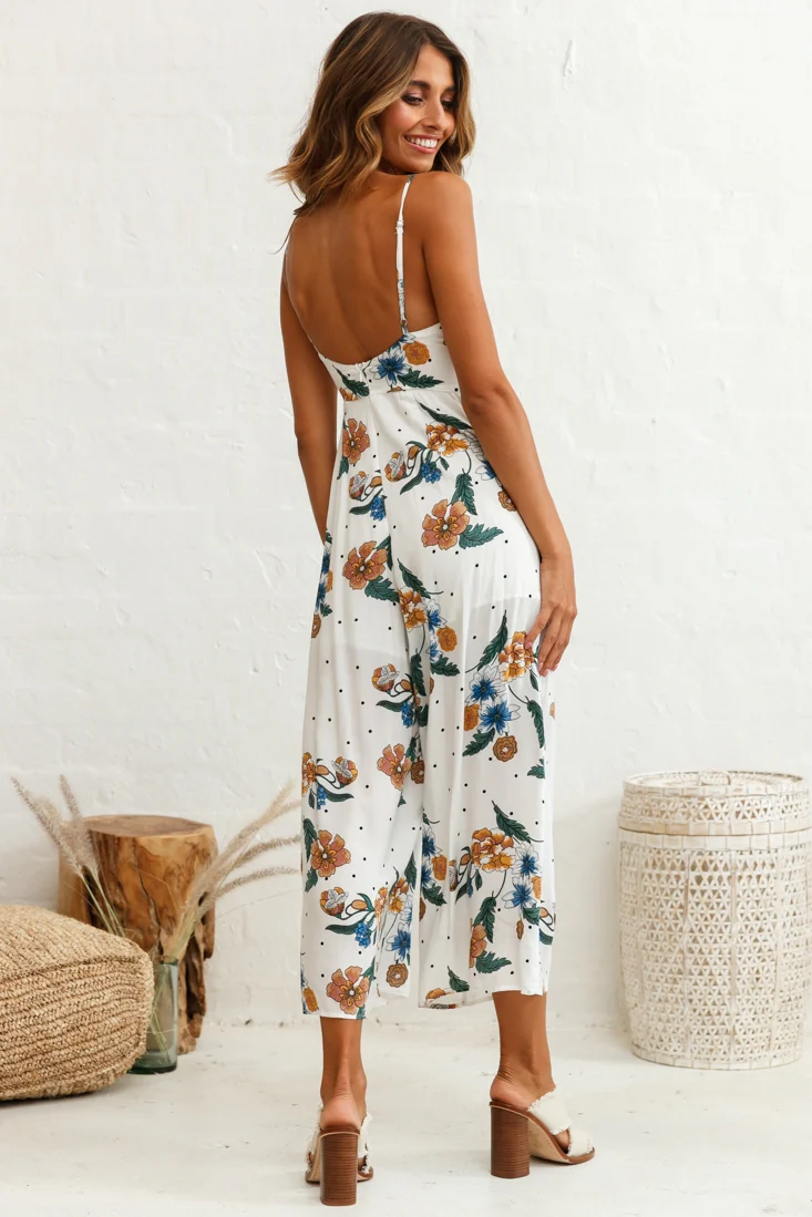 Call Me Wide-Leg Tied Bust Jumpsuit Floral Print White - Image 3