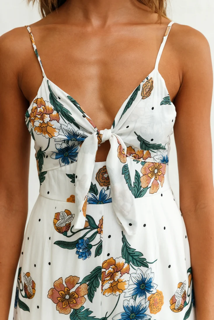 Call Me Wide-Leg Tied Bust Jumpsuit Floral Print White - Image 4