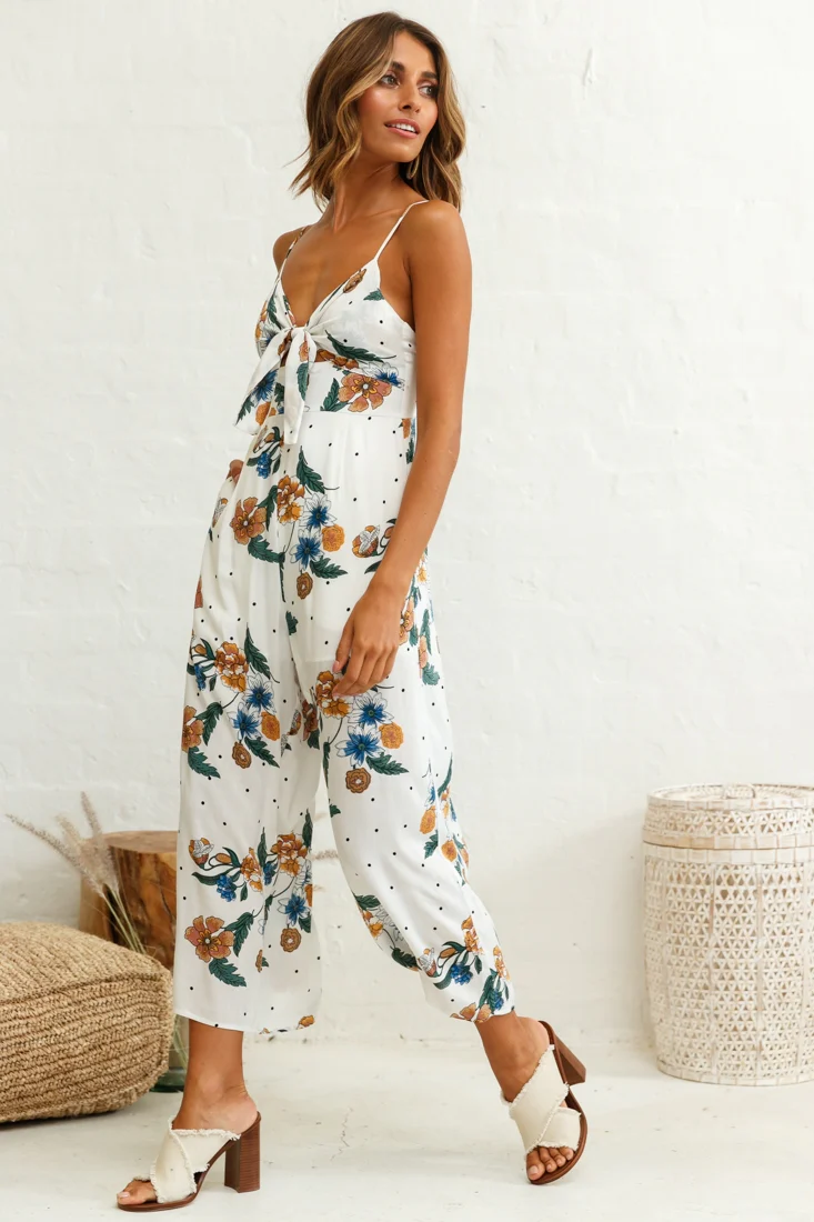 Call Me Wide-Leg Tied Bust Jumpsuit Floral Print White - Image 5
