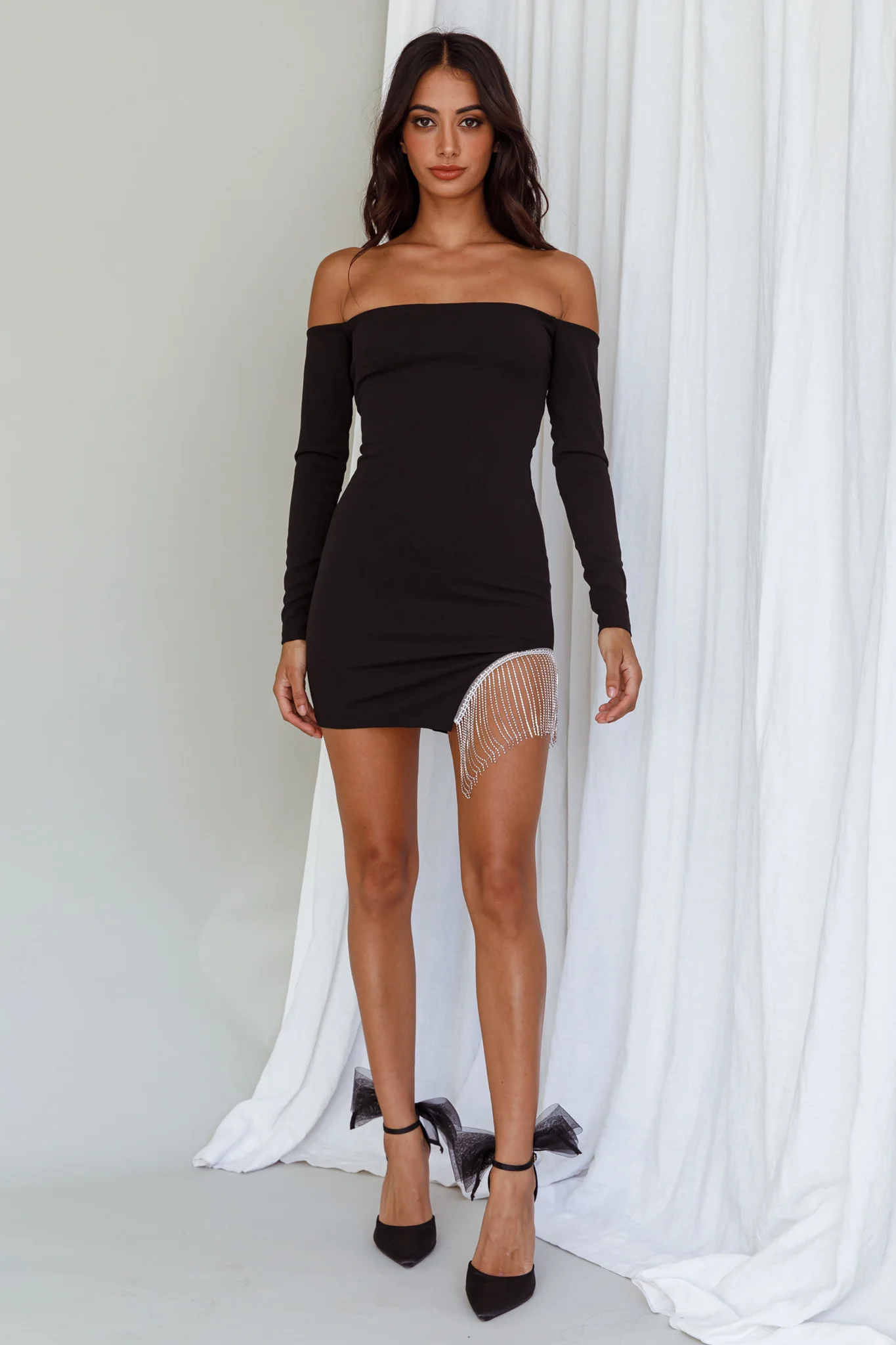 Call On Me Diamante Off-Shoulder Mini Dress Black - Image 6