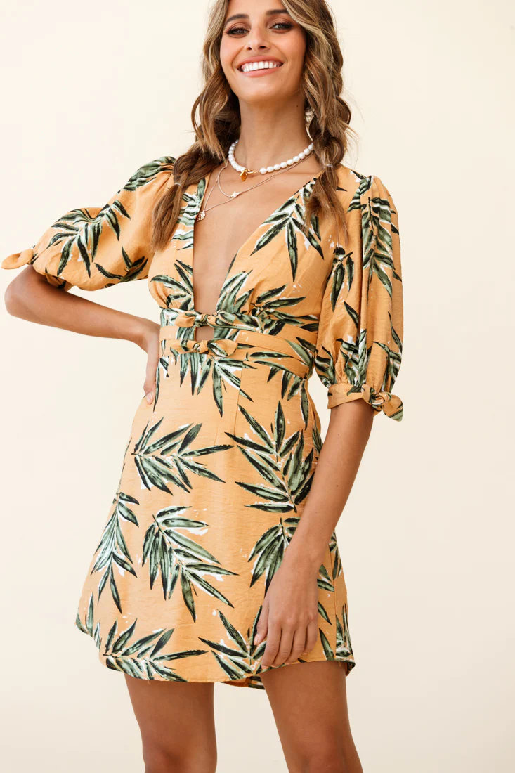 Camarillo Puff Sleeve Bow Detail Dress Leaf Print Sunset - Image 5