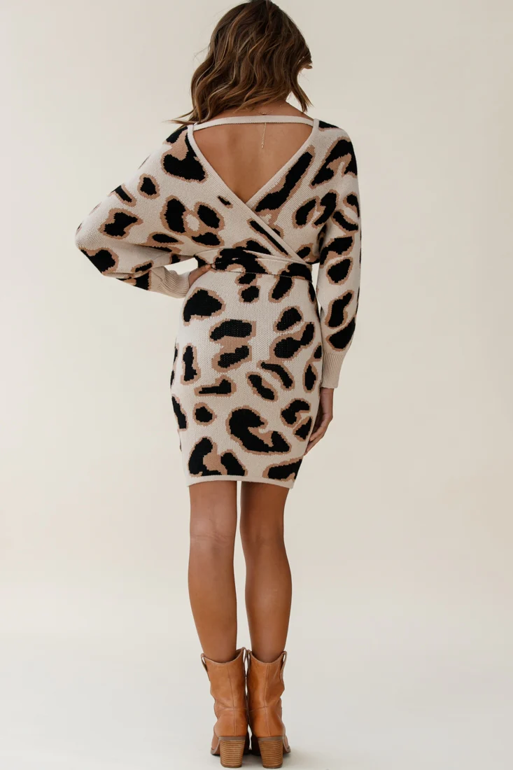 Cameo Batwing Knit Dress Animal Print Beige - Image 7