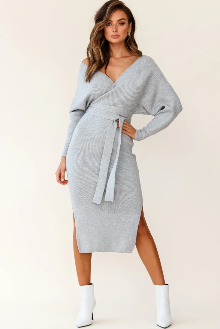 Cameo Batwing Knit Midi Dress Grey - Image 3