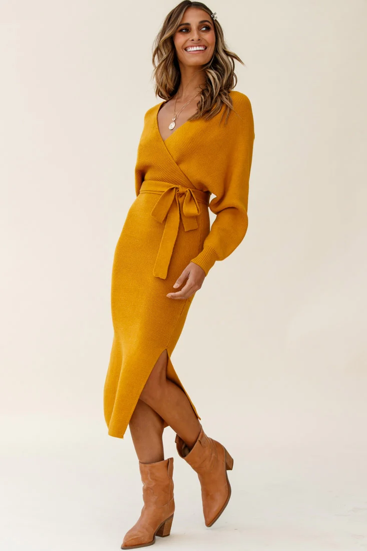 Cameo Batwing Knit Midi Dress Mustard - Image 2